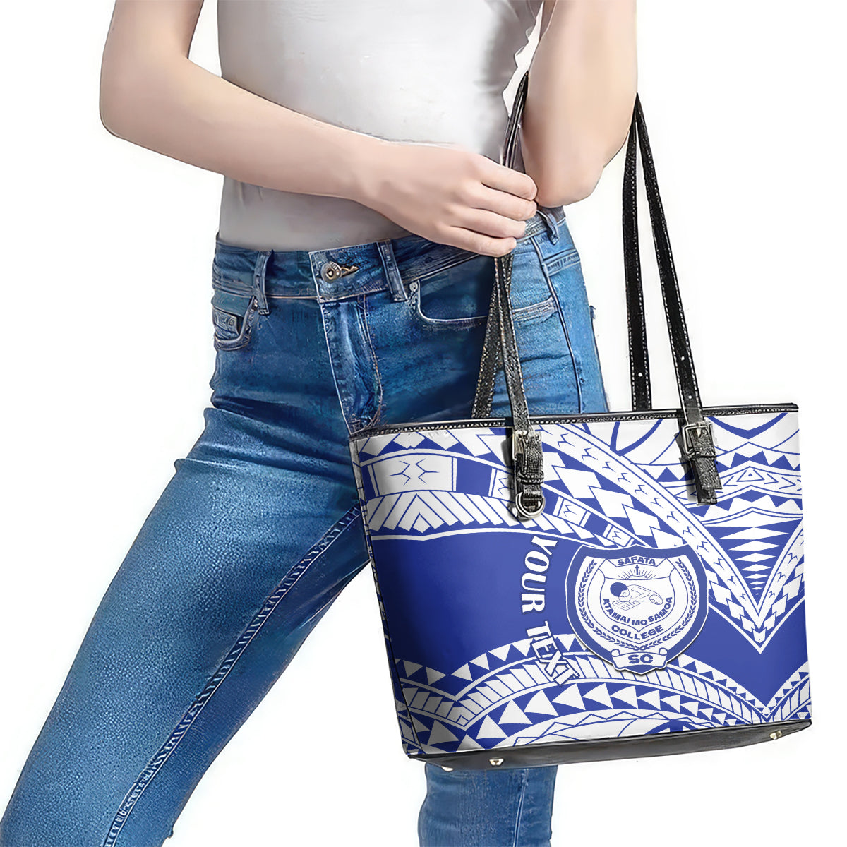 Personalised Samoa Safata College Leather Tote Bag Samoan Pattern LT14