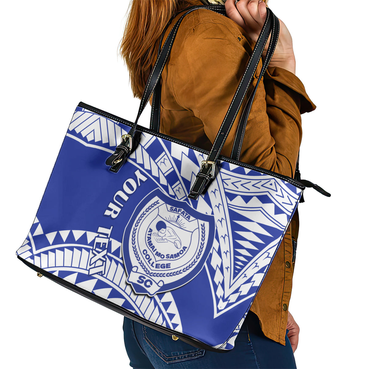 Personalised Samoa Safata College Leather Tote Bag Samoan Pattern LT14