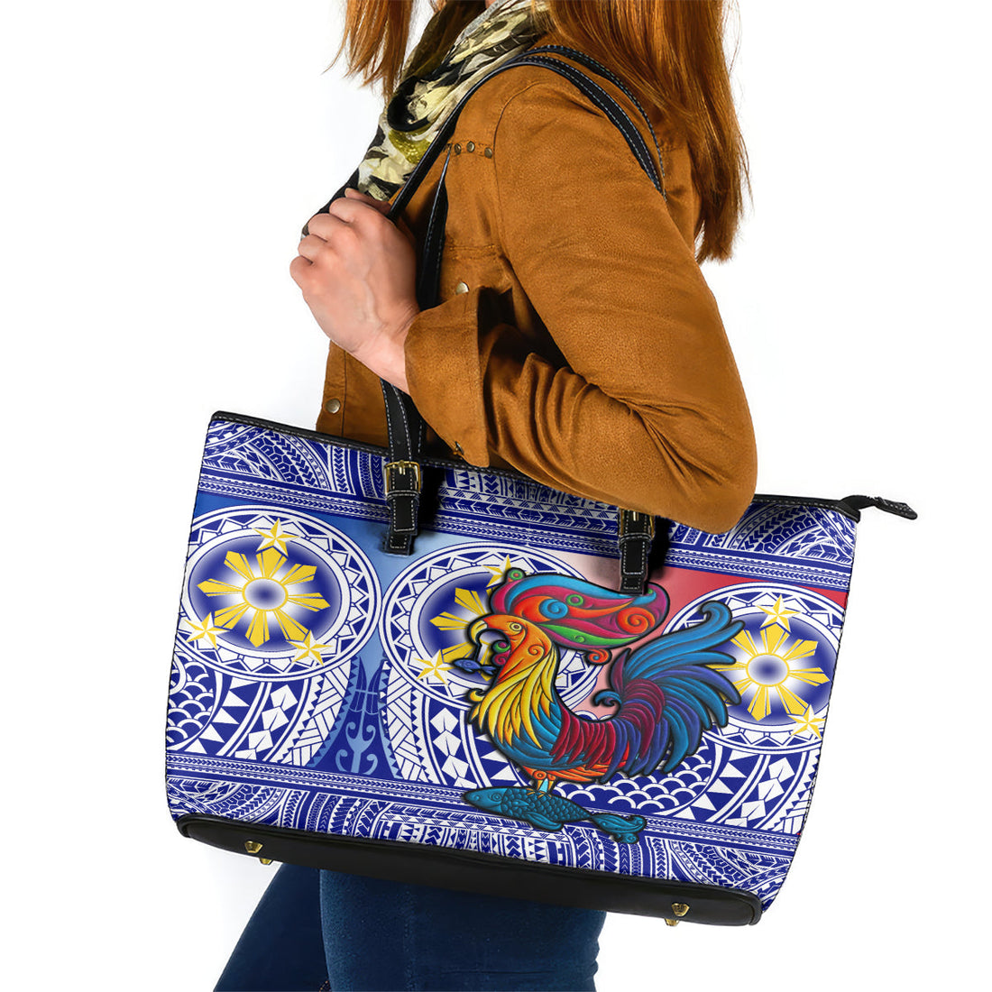 Personalised Philippines Leather Tote Bag Filipino Sarimanok With Polynesian Tattoo LT14