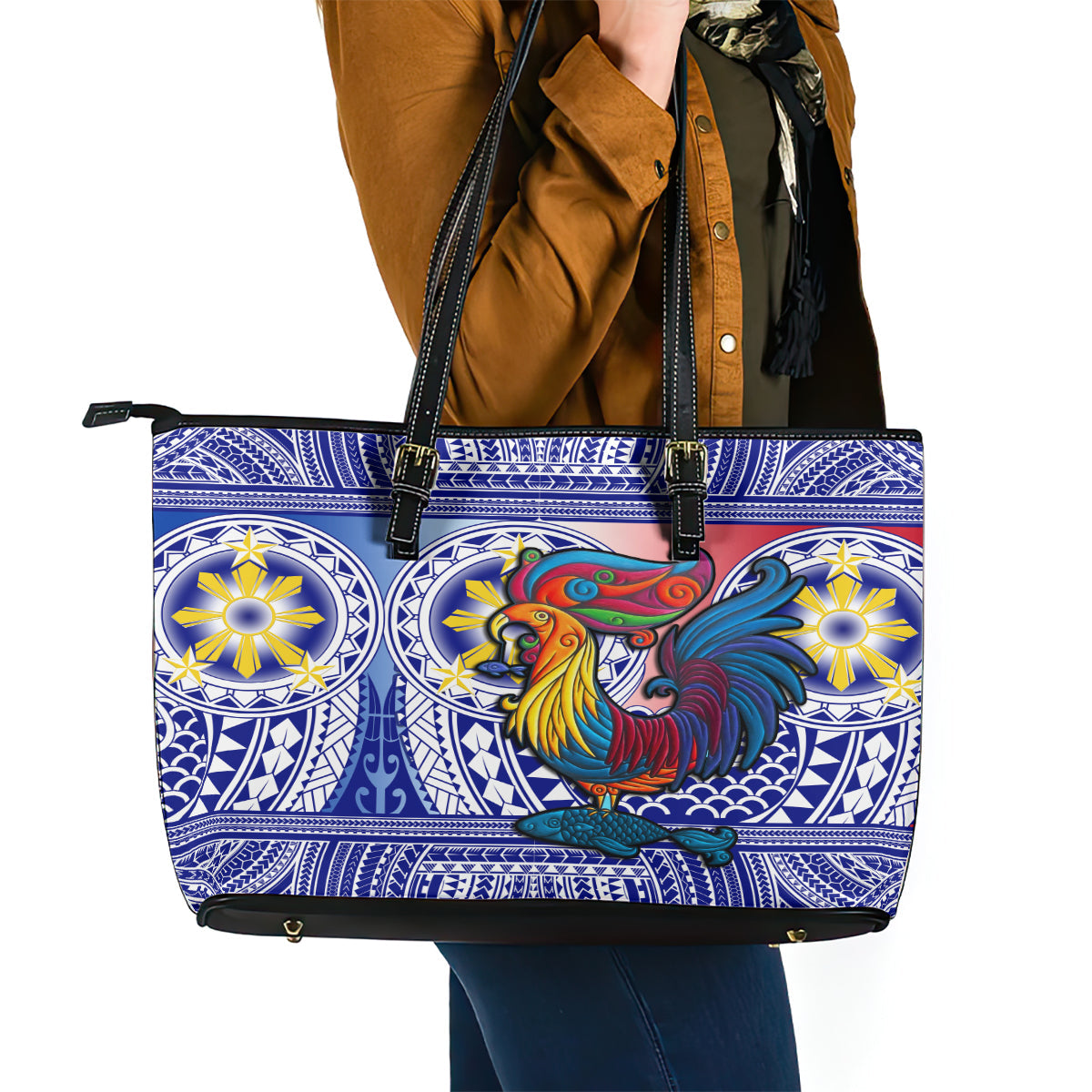 Personalised Philippines Leather Tote Bag Filipino Sarimanok With Polynesian Tattoo LT14