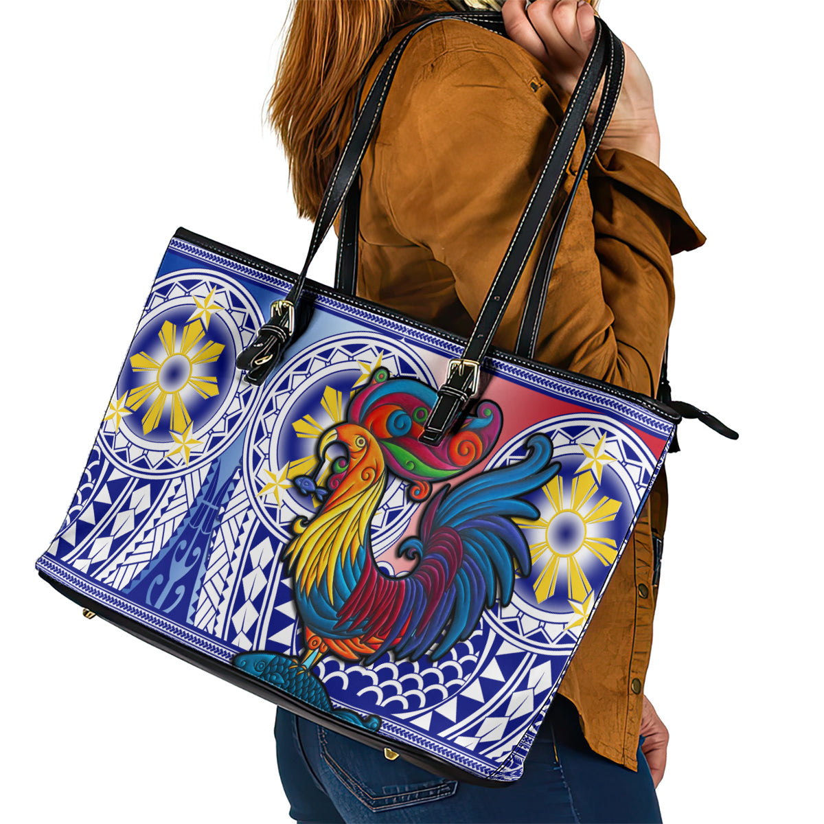 Personalised Philippines Leather Tote Bag Filipino Sarimanok With Polynesian Tattoo LT14