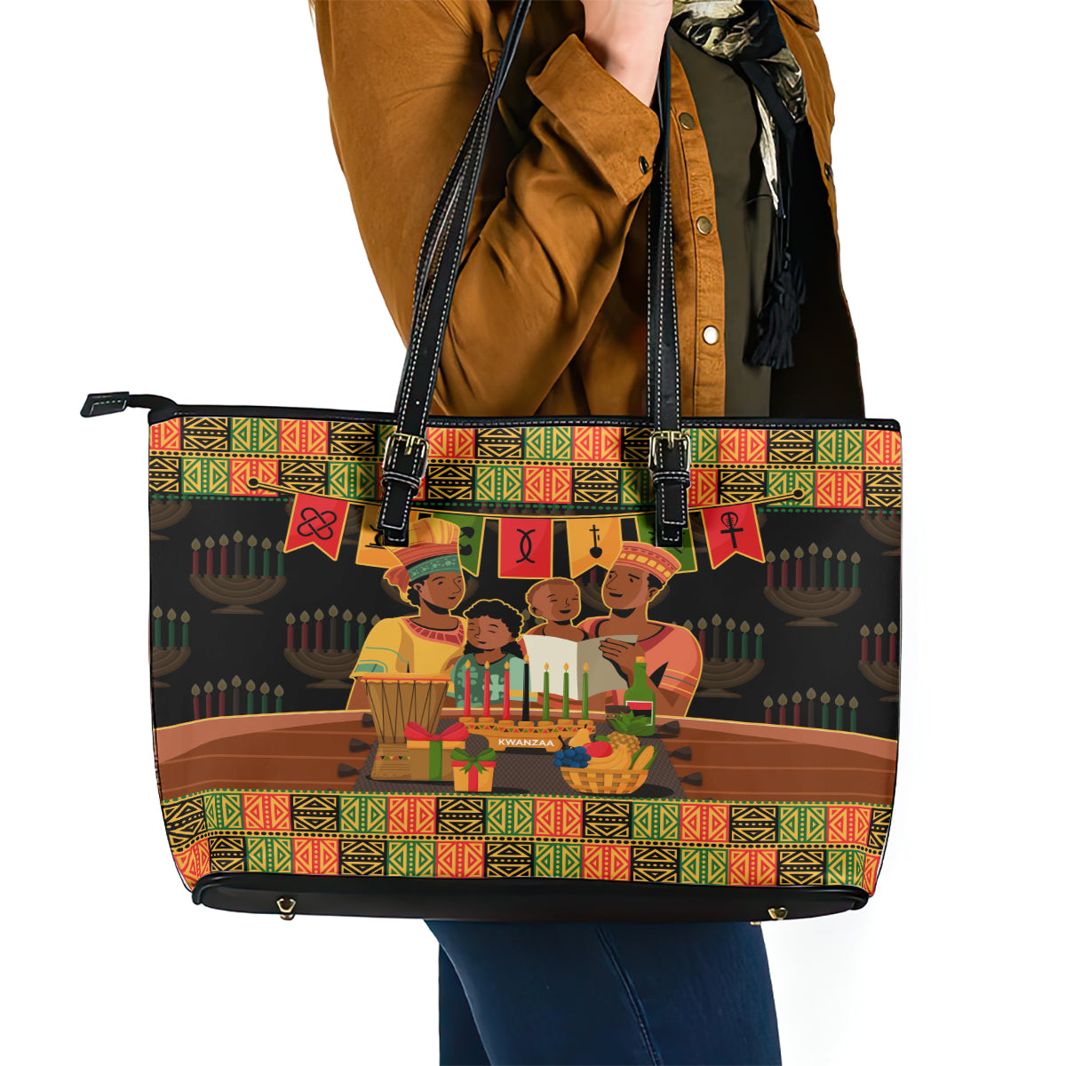 Happy Kwanzaa Leather Tote Bag African-American Culture Celebration LT14