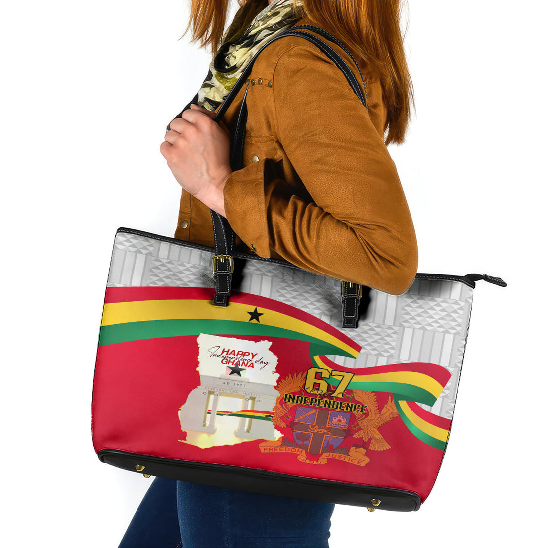 Ghana Independence Day Leather Tote Bag Gana Map Happy 67 Years Anniversary LT14