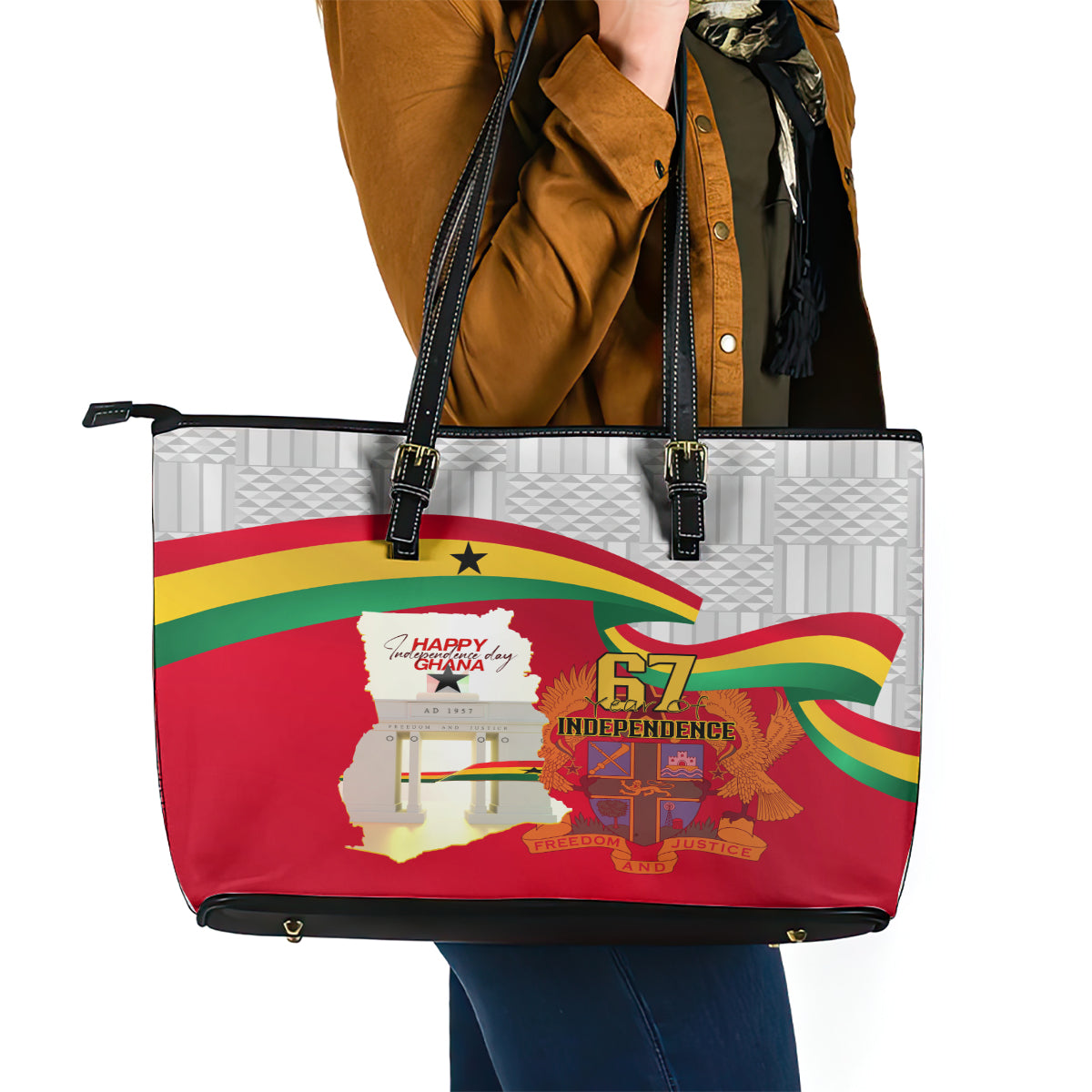 Ghana Independence Day Leather Tote Bag Gana Map Happy 67 Years Anniversary LT14