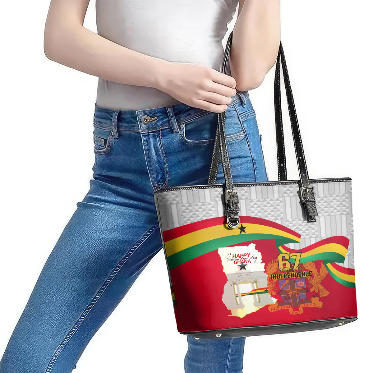 Ghana Independence Day Leather Tote Bag Gana Map Happy 67 Years Anniversary LT14