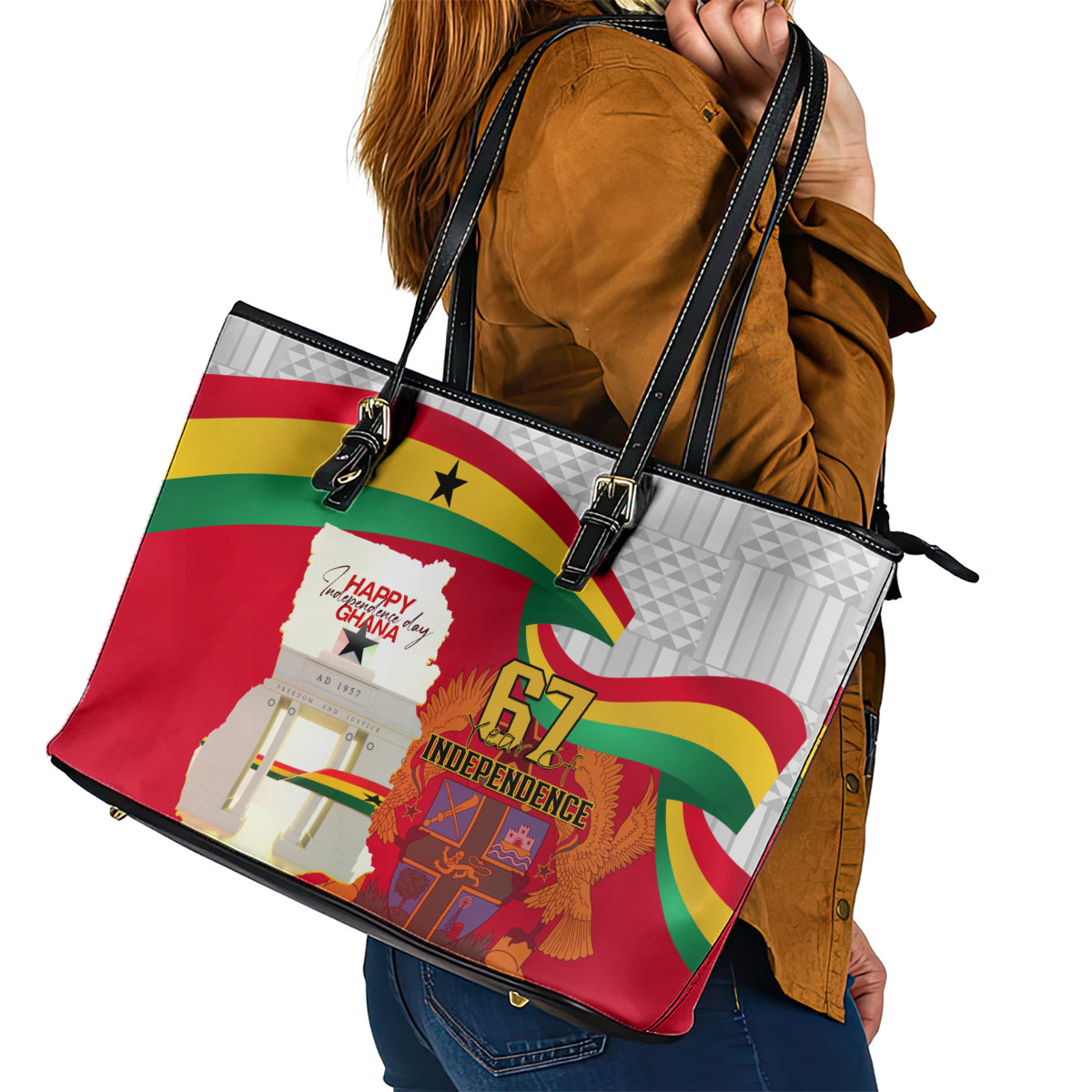 Ghana Independence Day Leather Tote Bag Gana Map Happy 67 Years Anniversary LT14