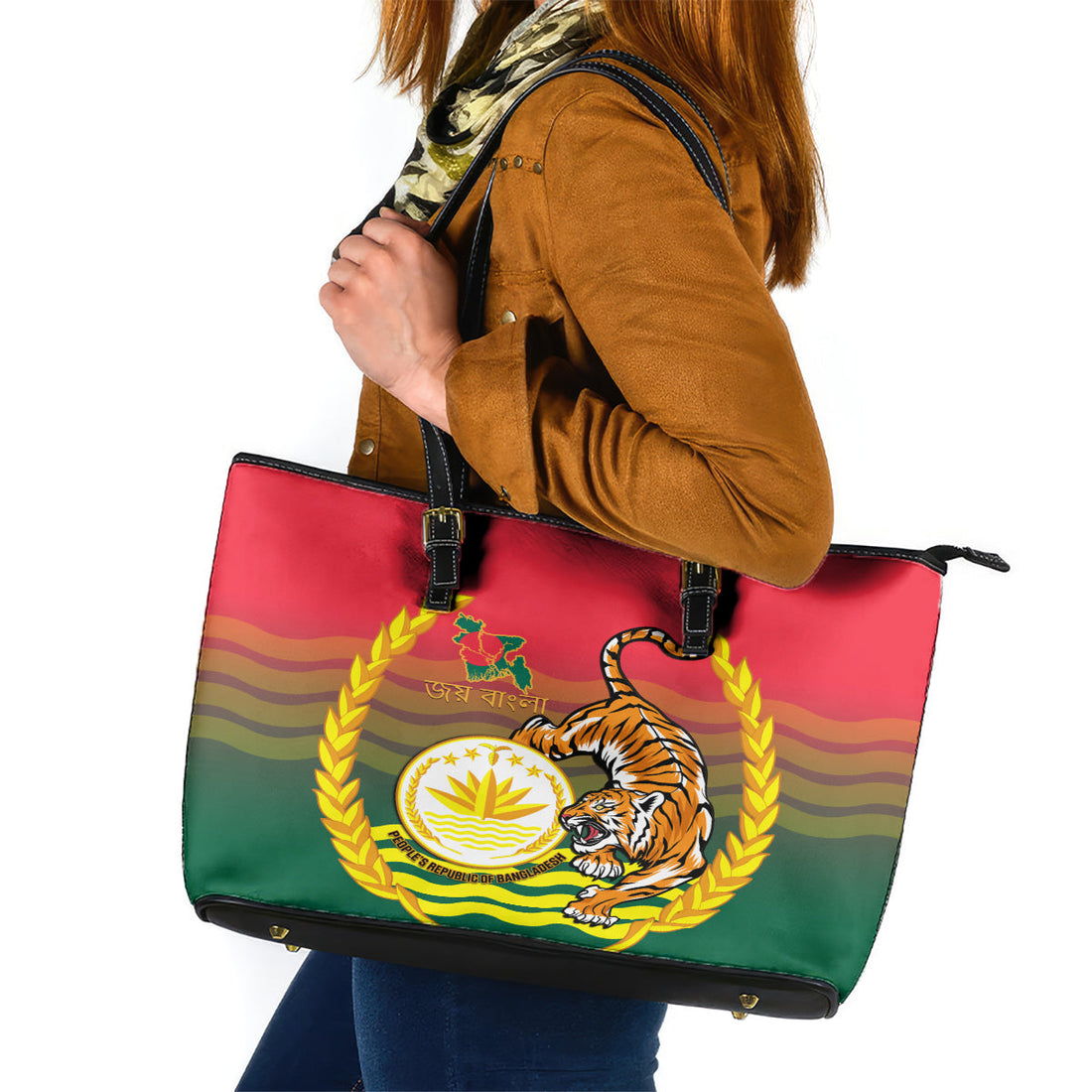 Bangladesh Independence Day Leather Tote Bag Royal Bengal Tiger With Coat Of Arms LT14