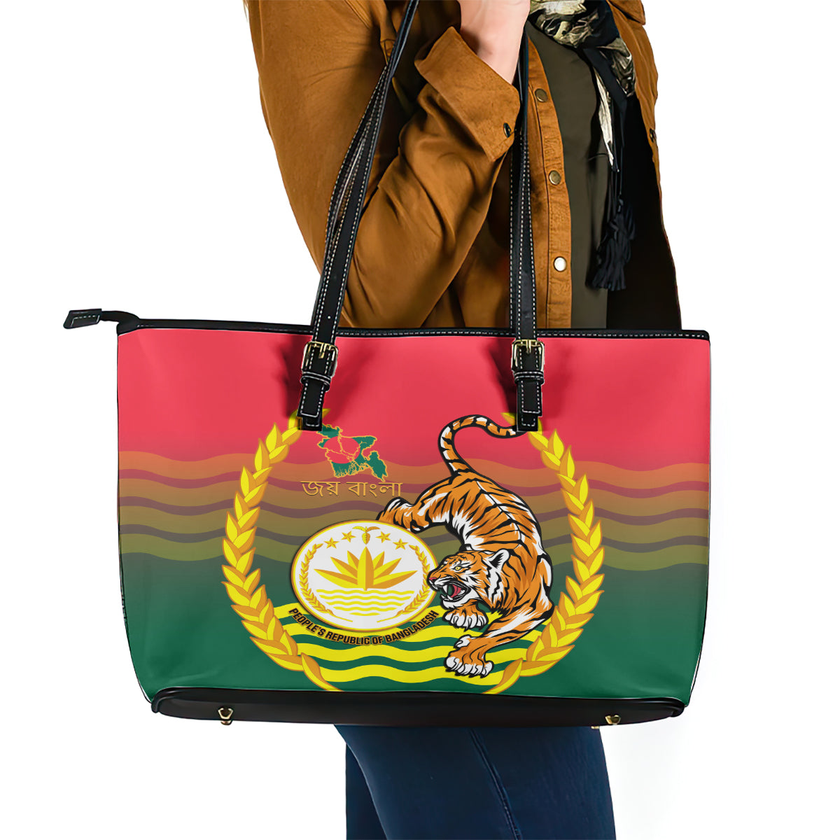 Bangladesh Independence Day Leather Tote Bag Royal Bengal Tiger With Coat Of Arms LT14
