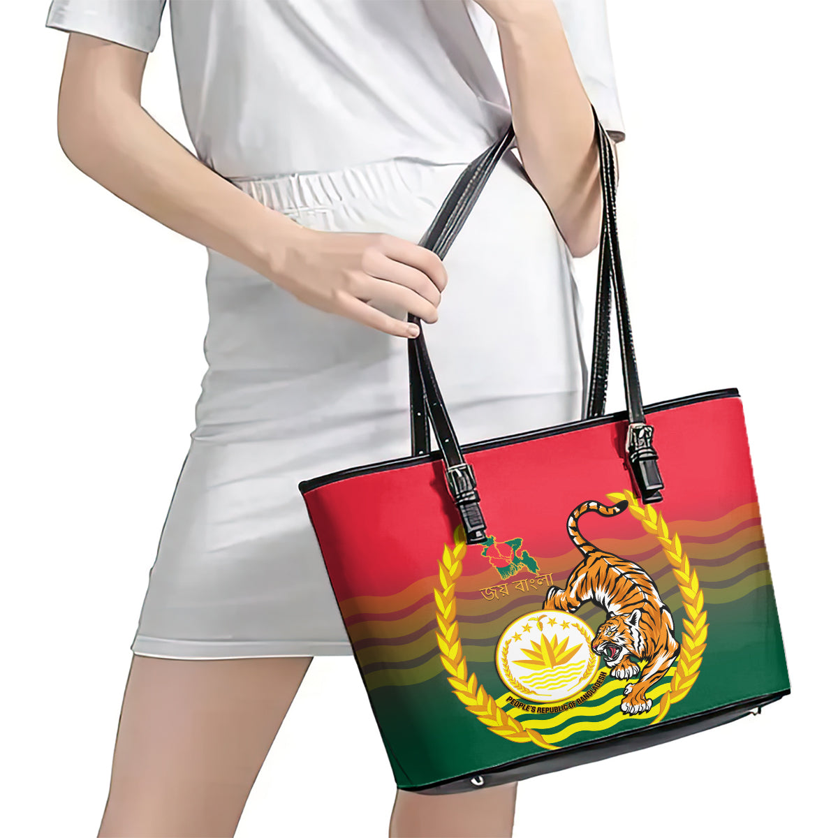 Bangladesh Independence Day Leather Tote Bag Royal Bengal Tiger With Coat Of Arms LT14