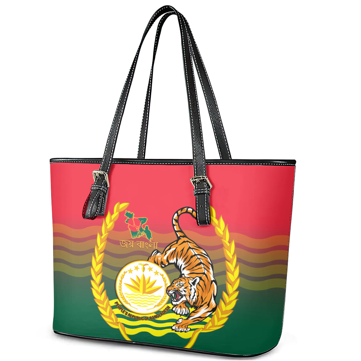Bangladesh Independence Day Leather Tote Bag Royal Bengal Tiger With Coat Of Arms LT14