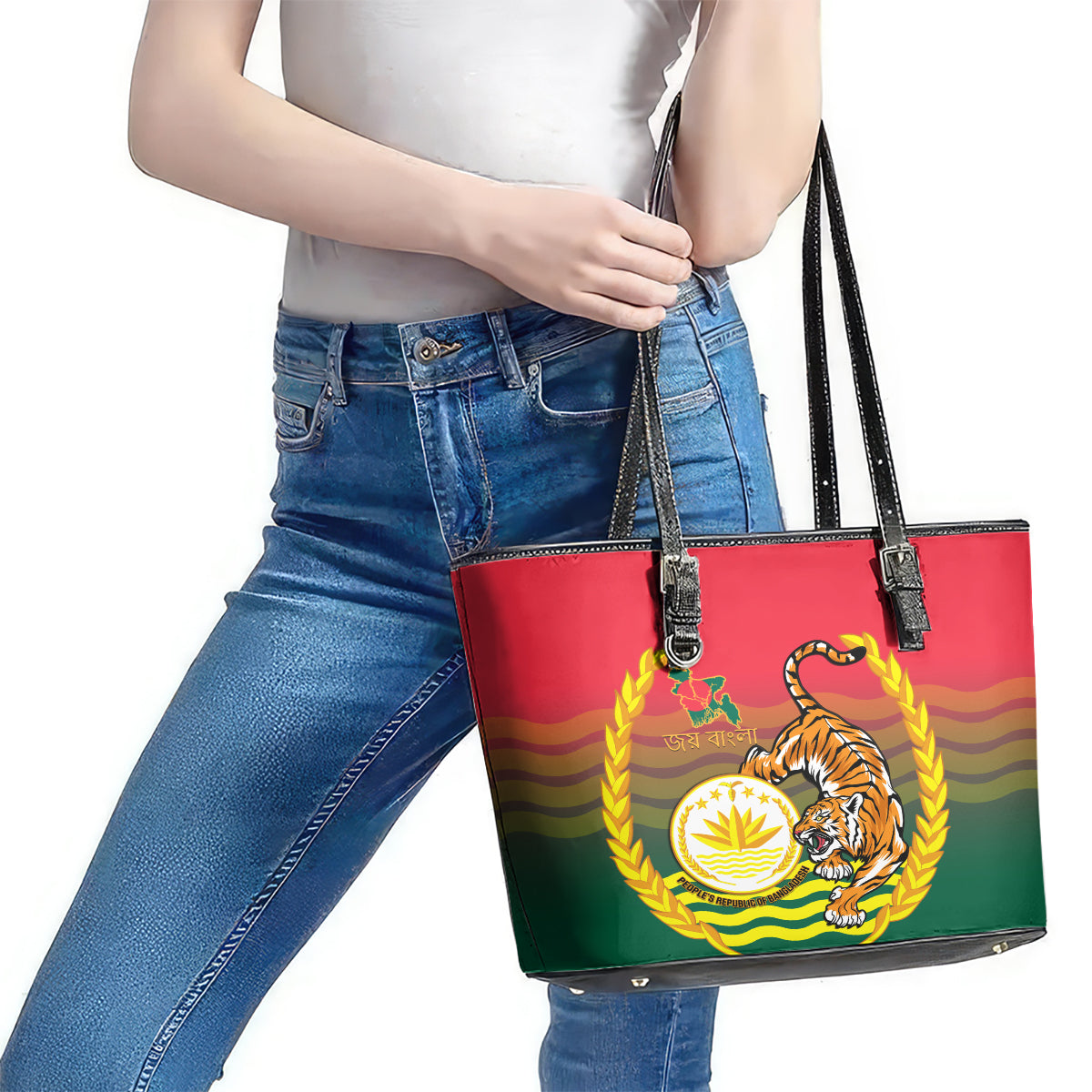 Bangladesh Independence Day Leather Tote Bag Royal Bengal Tiger With Coat Of Arms LT14