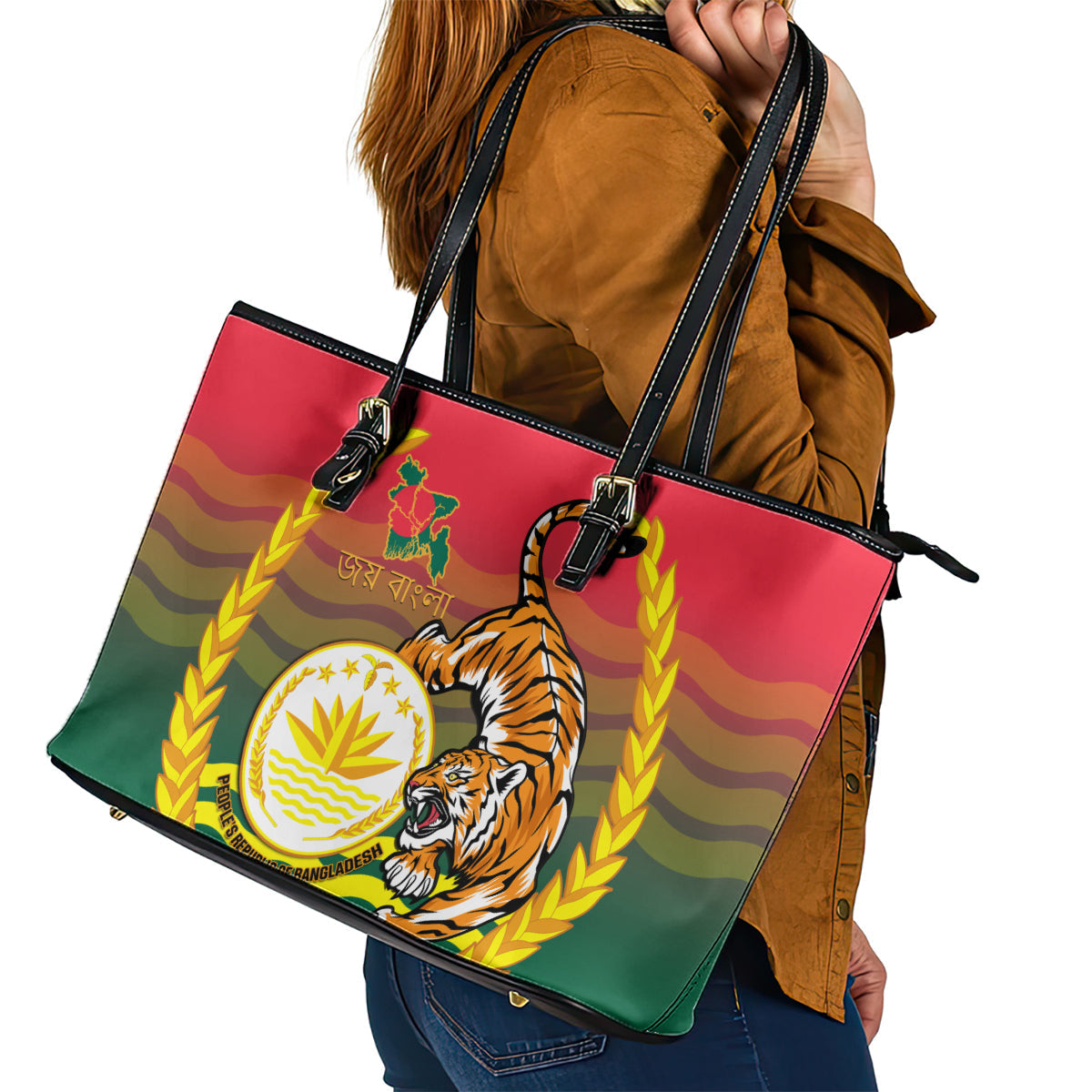 Bangladesh Independence Day Leather Tote Bag Royal Bengal Tiger With Coat Of Arms LT14