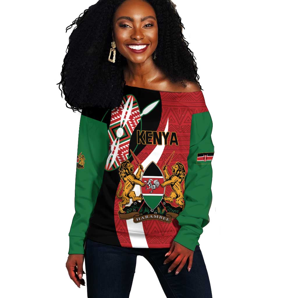 Custom Kenya Football Off Shoulder Sweater Maasai Shield Coat Of Arms Style LT14