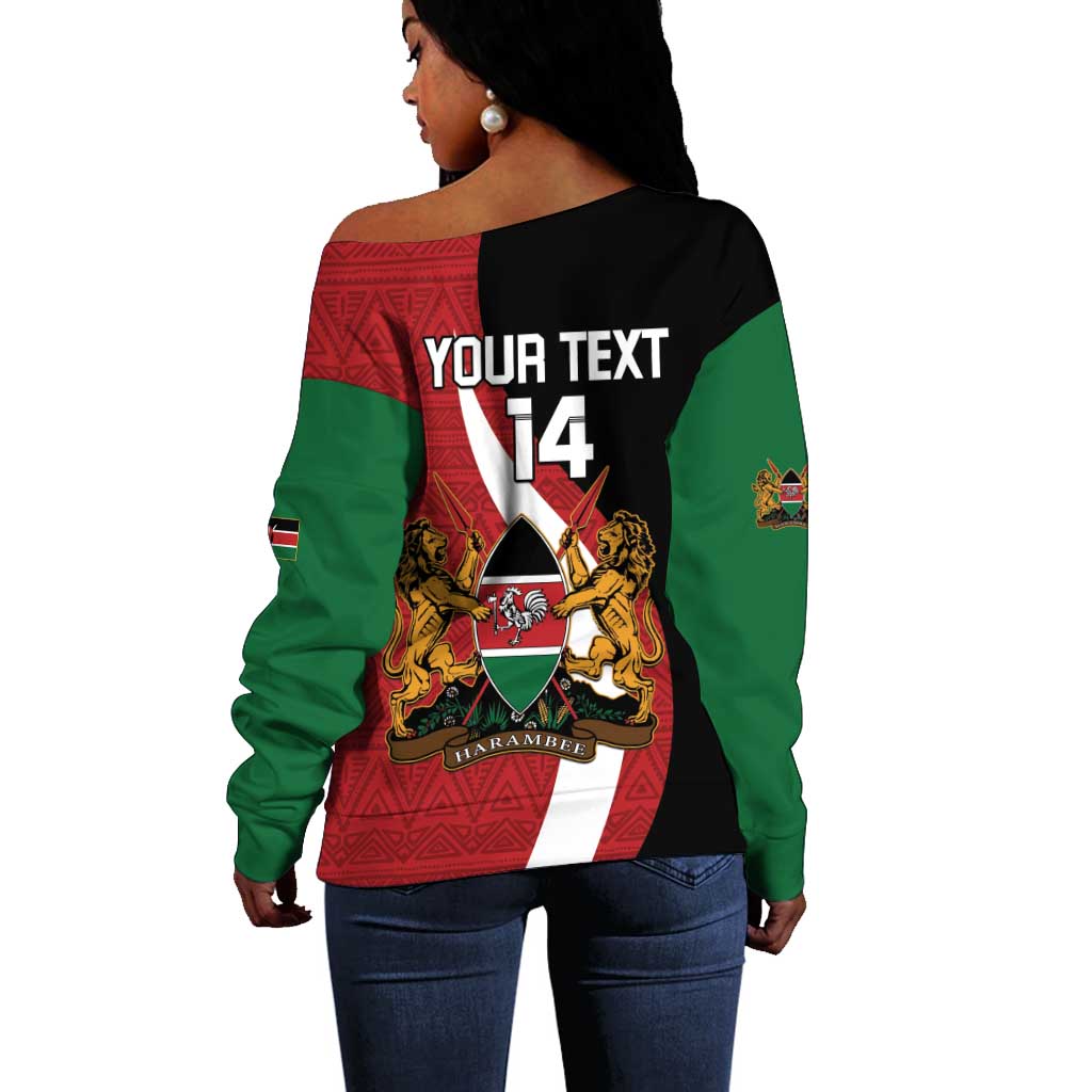 Custom Kenya Football Off Shoulder Sweater Maasai Shield Coat Of Arms Style LT14