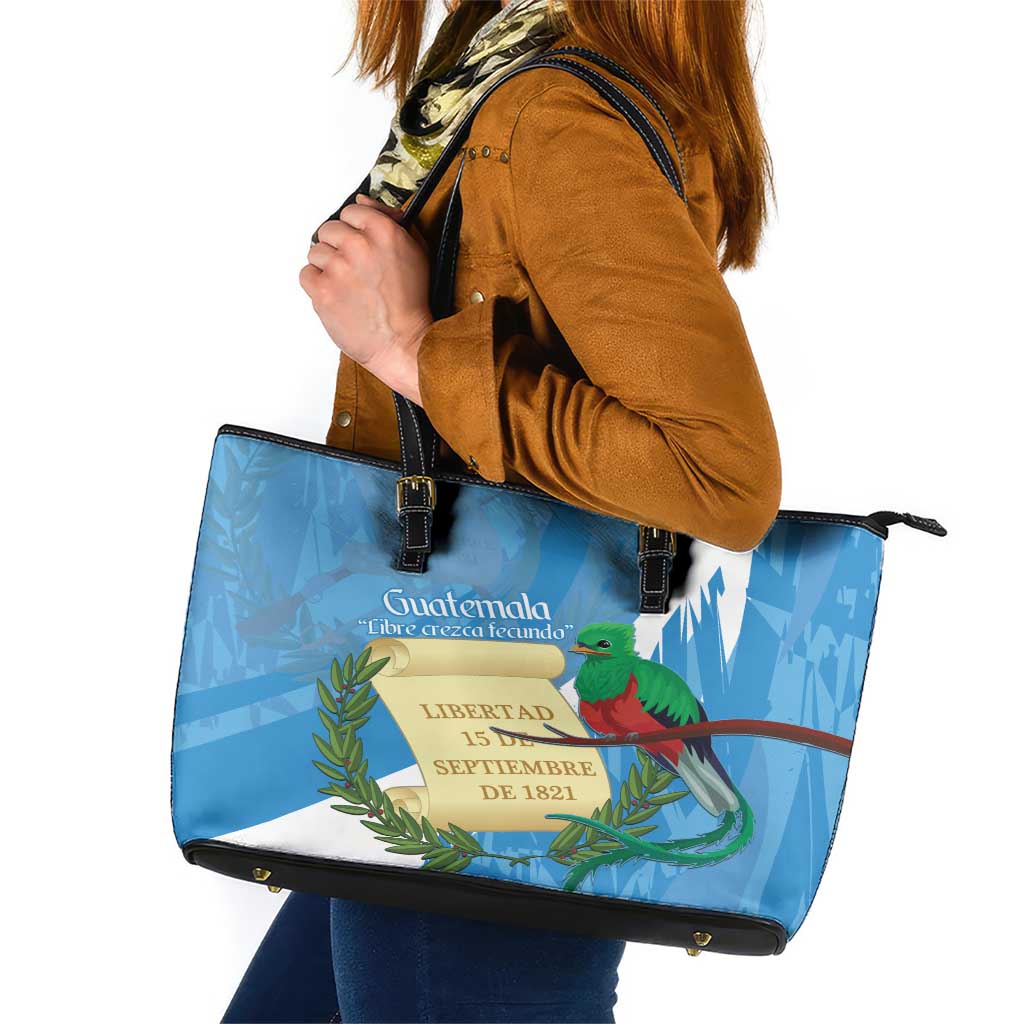 Guatemala Independence Day Leather Tote Bag Coat Of Arms With Resplendent Quetzal Grunge Style LT14