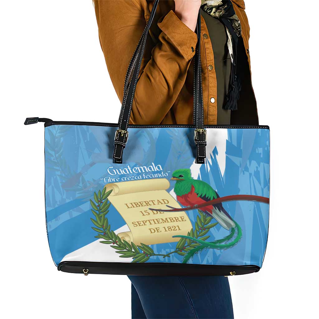 Guatemala Independence Day Leather Tote Bag Coat Of Arms With Resplendent Quetzal Grunge Style LT14