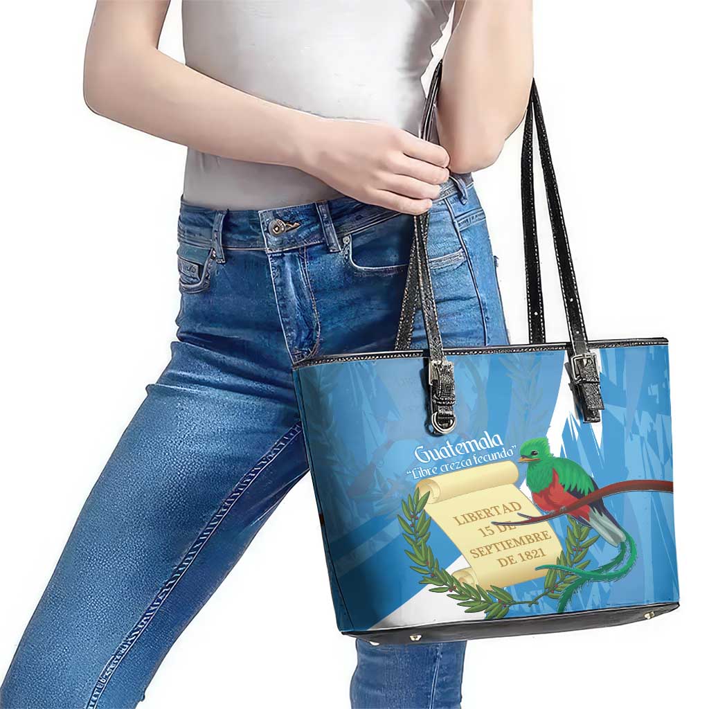 Guatemala Independence Day Leather Tote Bag Coat Of Arms With Resplendent Quetzal Grunge Style LT14