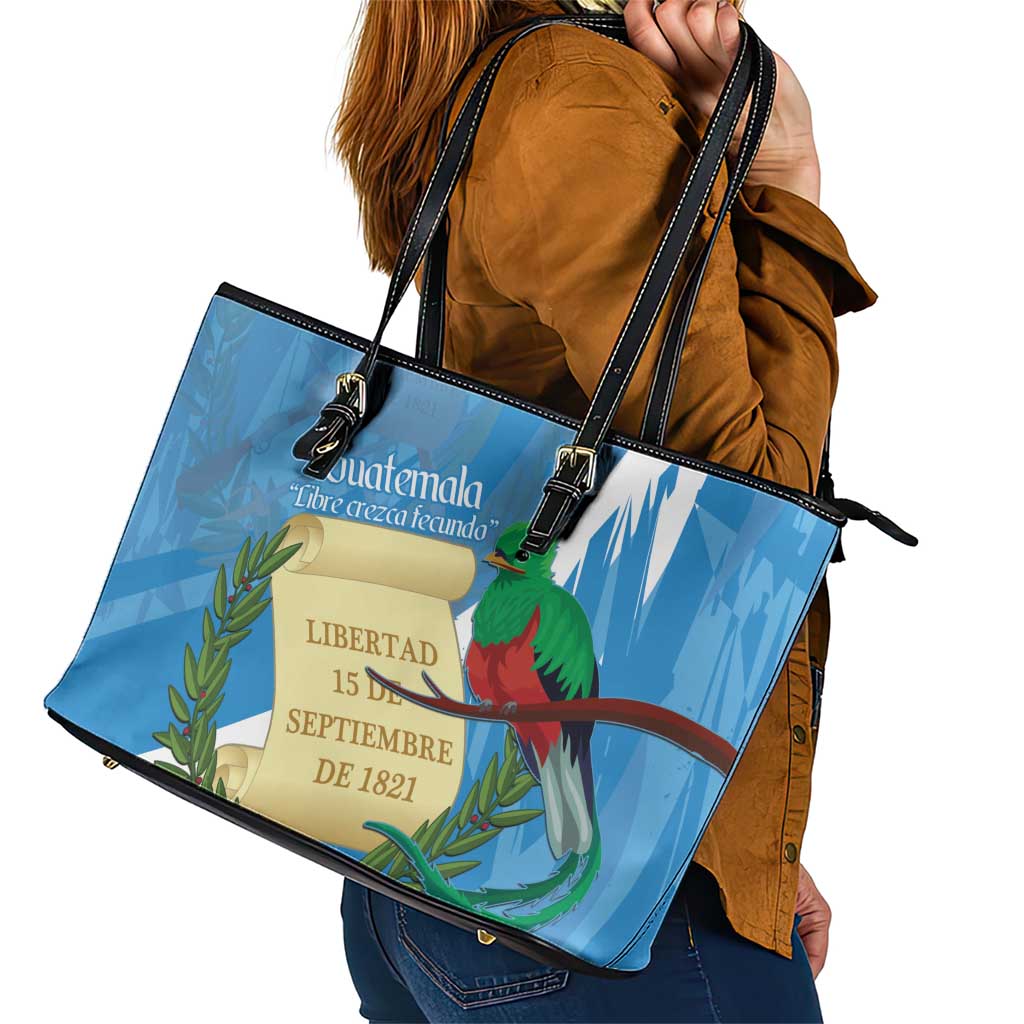 Guatemala Independence Day Leather Tote Bag Coat Of Arms With Resplendent Quetzal Grunge Style LT14