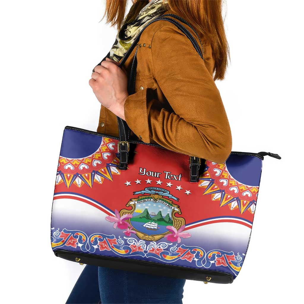 Personalized Costa Rica Independence Day Leather Tote Bag Guaria Morada With Folk Pattern LT14