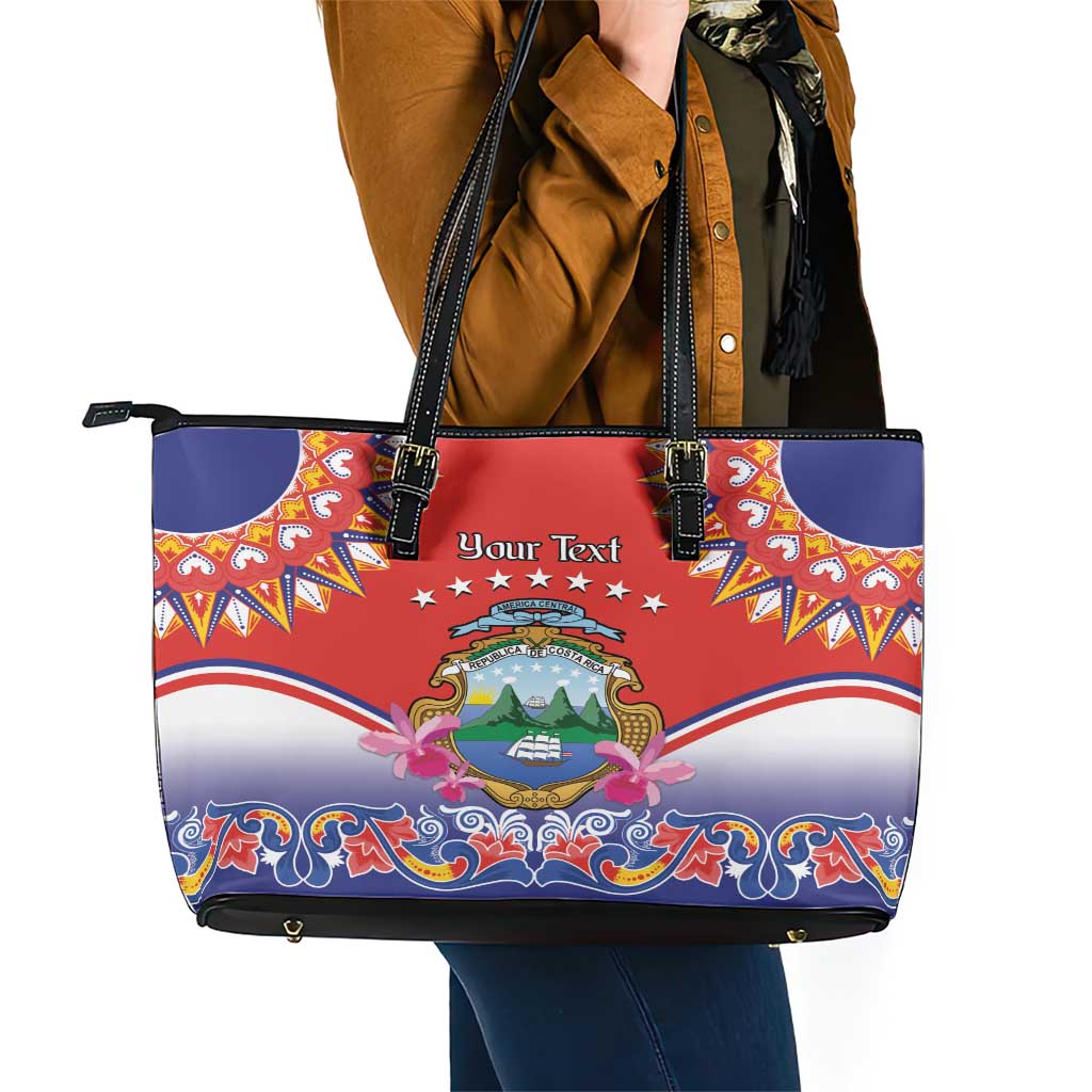 Personalized Costa Rica Independence Day Leather Tote Bag Guaria Morada With Folk Pattern LT14