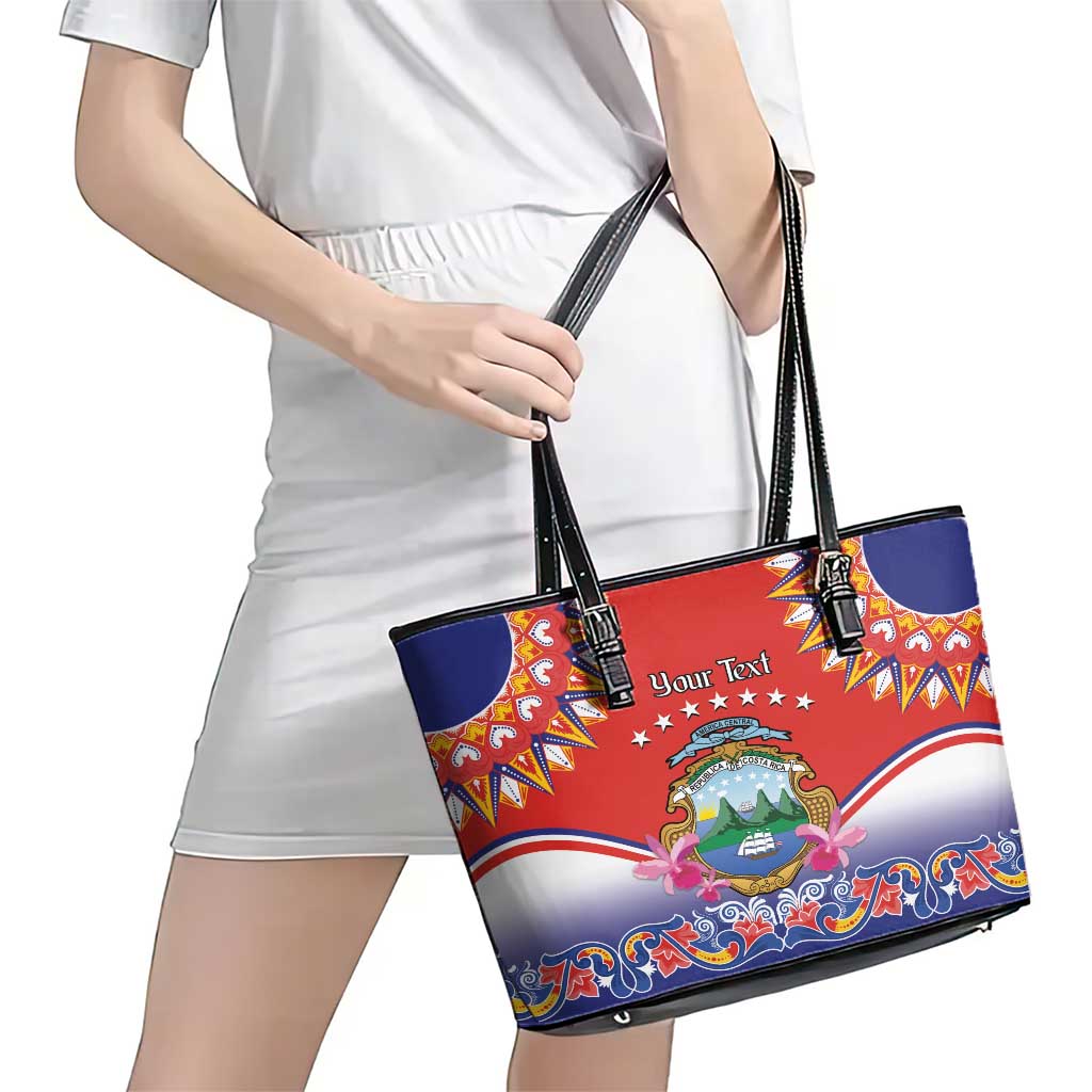 Personalized Costa Rica Independence Day Leather Tote Bag Guaria Morada With Folk Pattern LT14