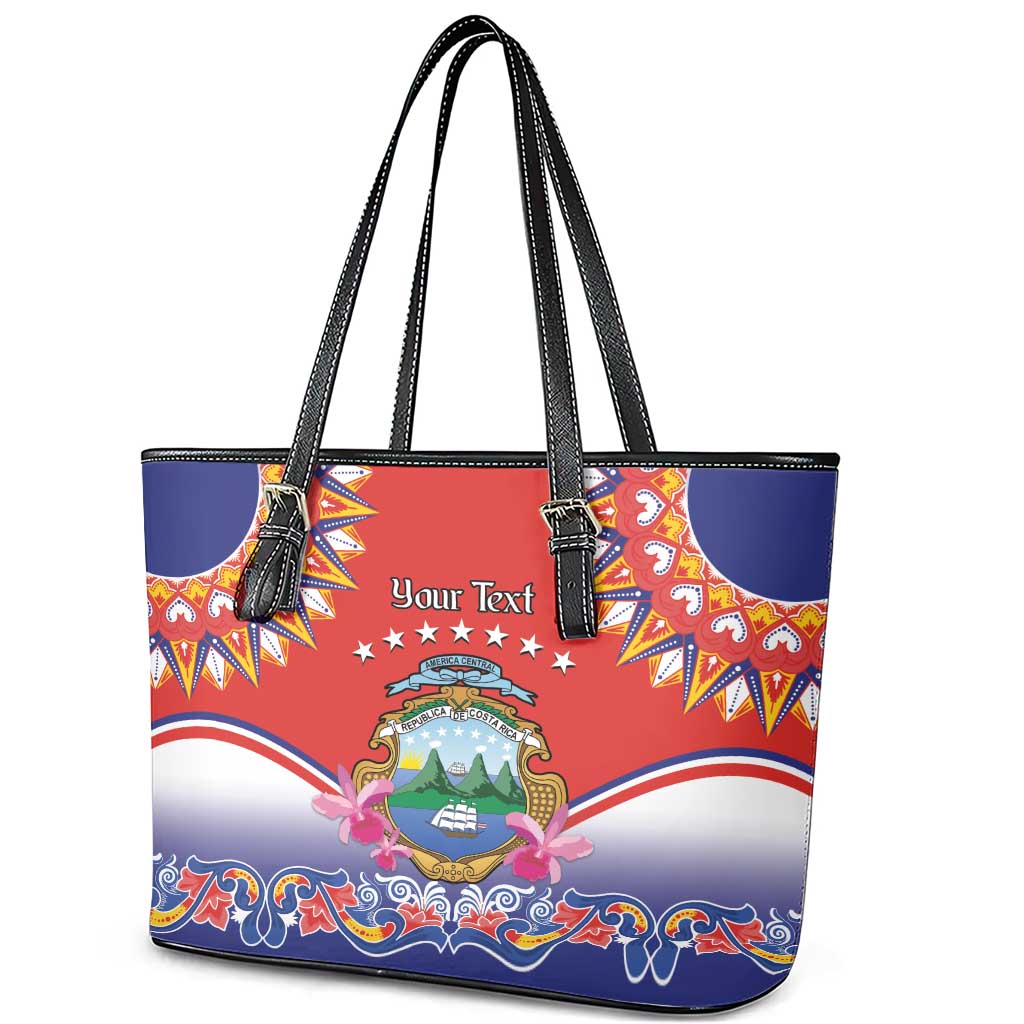 Personalized Costa Rica Independence Day Leather Tote Bag Guaria Morada With Folk Pattern LT14