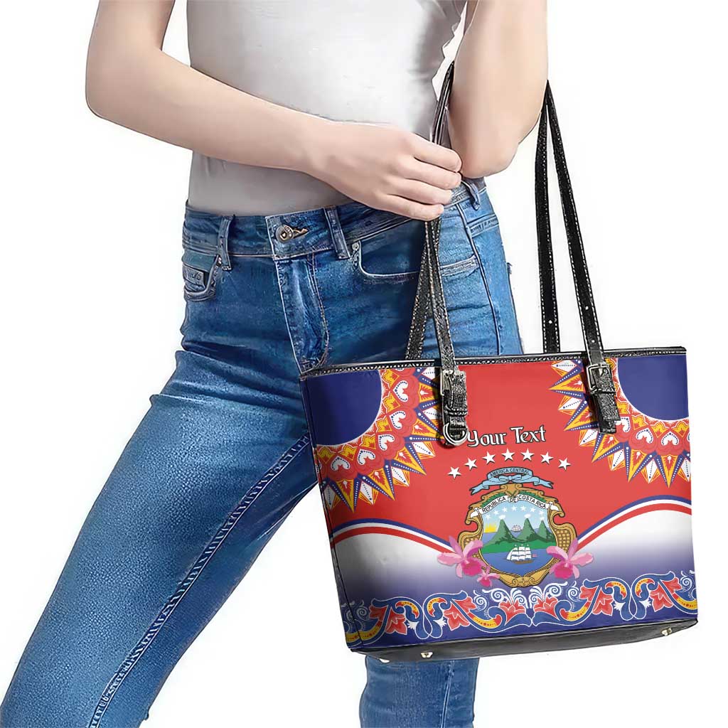 Personalized Costa Rica Independence Day Leather Tote Bag Guaria Morada With Folk Pattern LT14