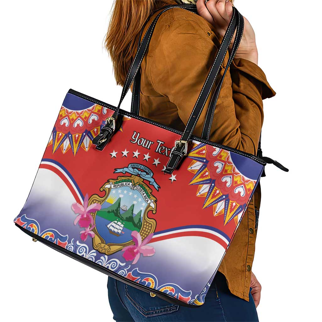 Personalized Costa Rica Independence Day Leather Tote Bag Guaria Morada With Folk Pattern LT14