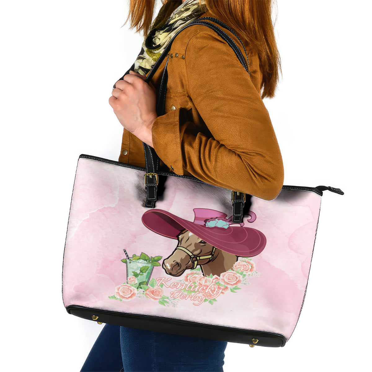 Kentucky Horse Racing Leather Tote Bag Derby Mint Julep With Roses LT14