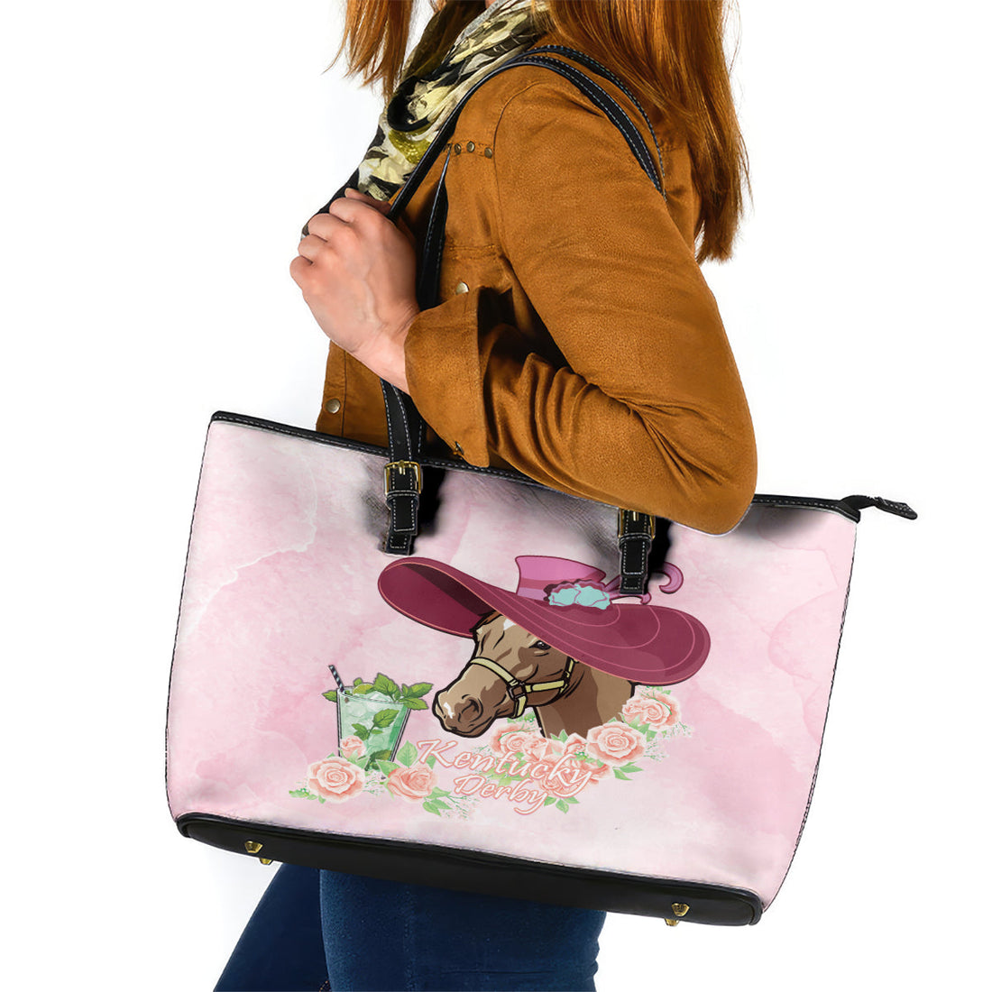 Kentucky Horse Racing Leather Tote Bag Derby Mint Julep With Roses LT14