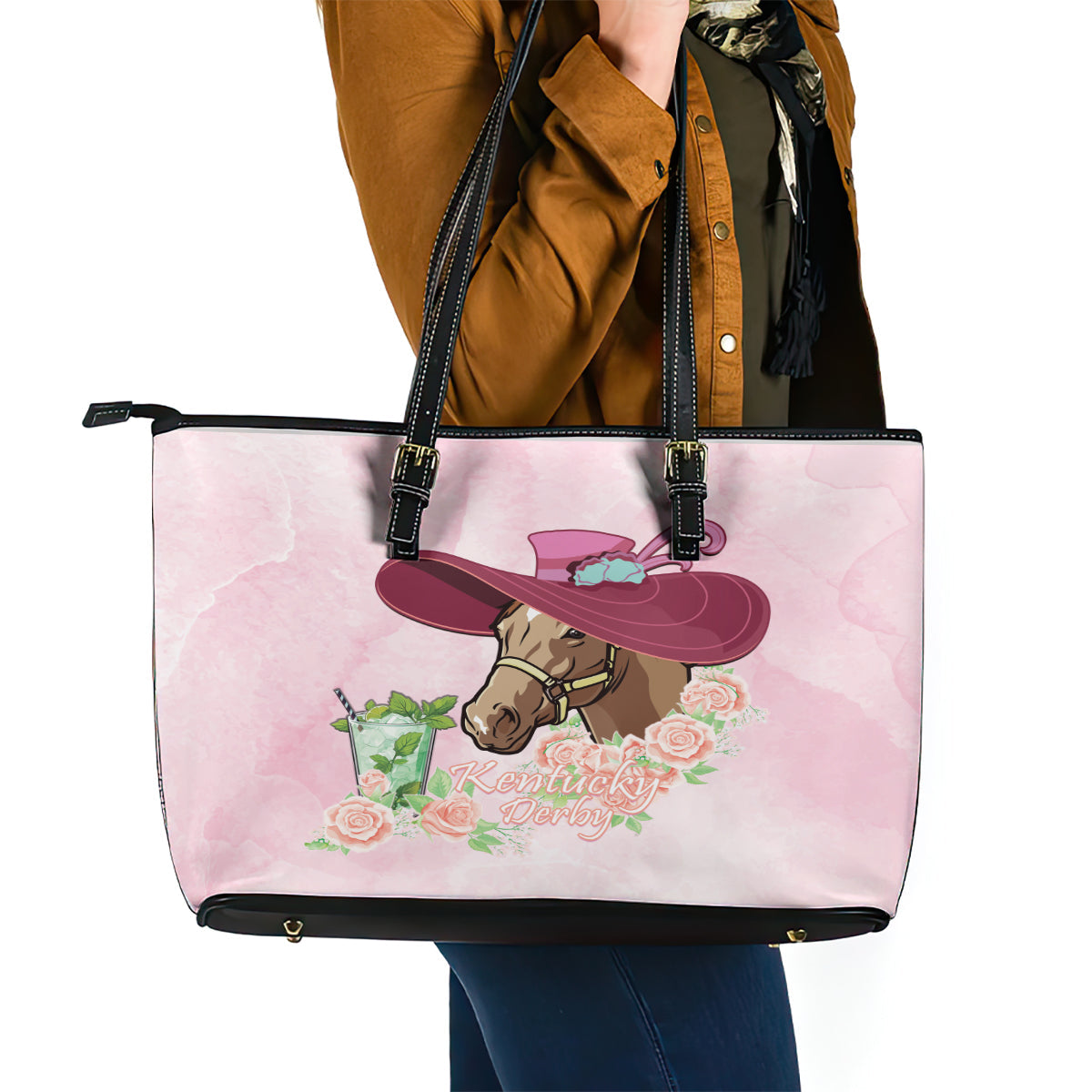 Kentucky Horse Racing Leather Tote Bag Derby Mint Julep With Roses LT14
