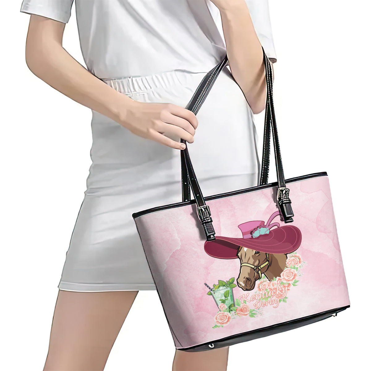 Kentucky Horse Racing Leather Tote Bag Derby Mint Julep With Roses LT14