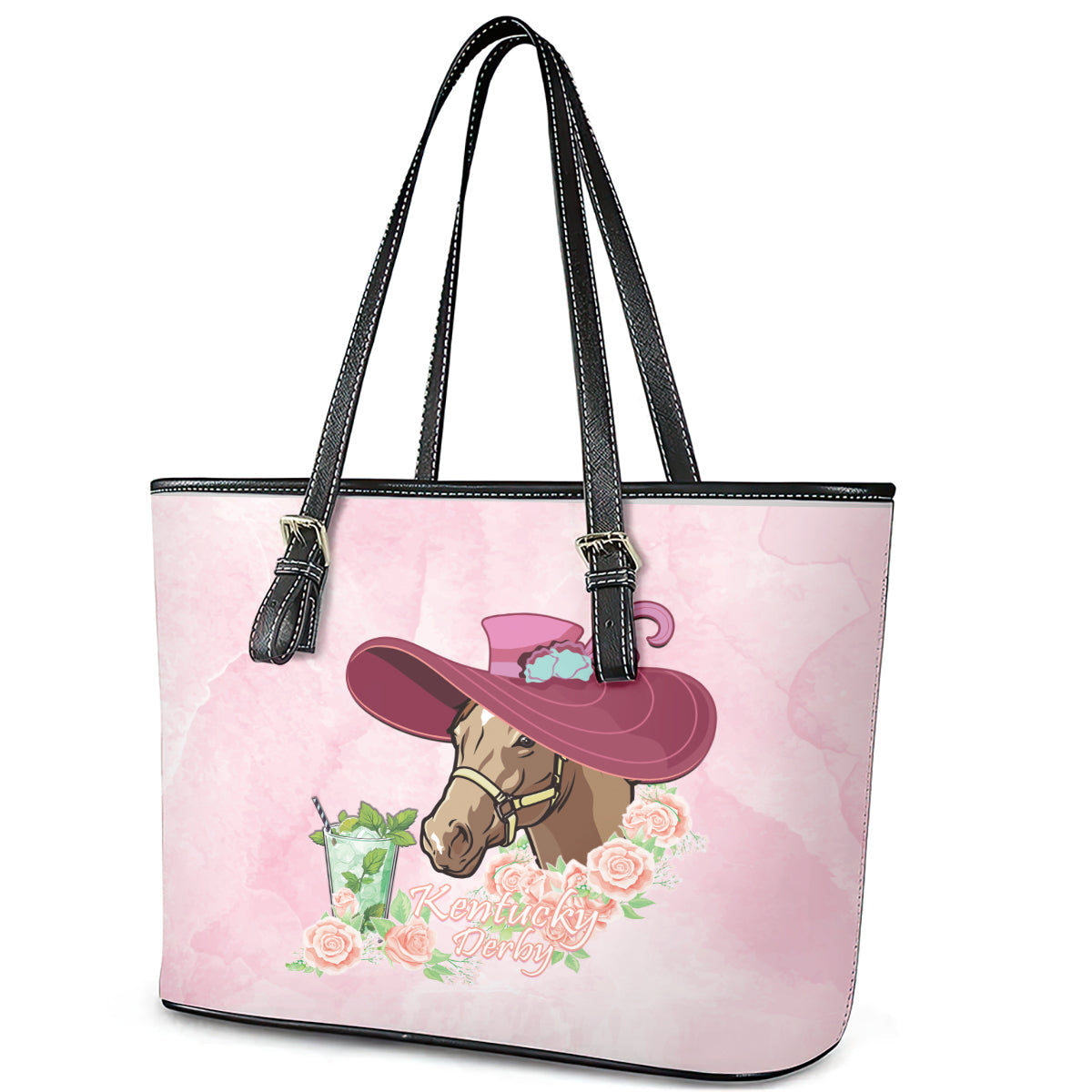 Kentucky Horse Racing Leather Tote Bag Derby Mint Julep With Roses LT14