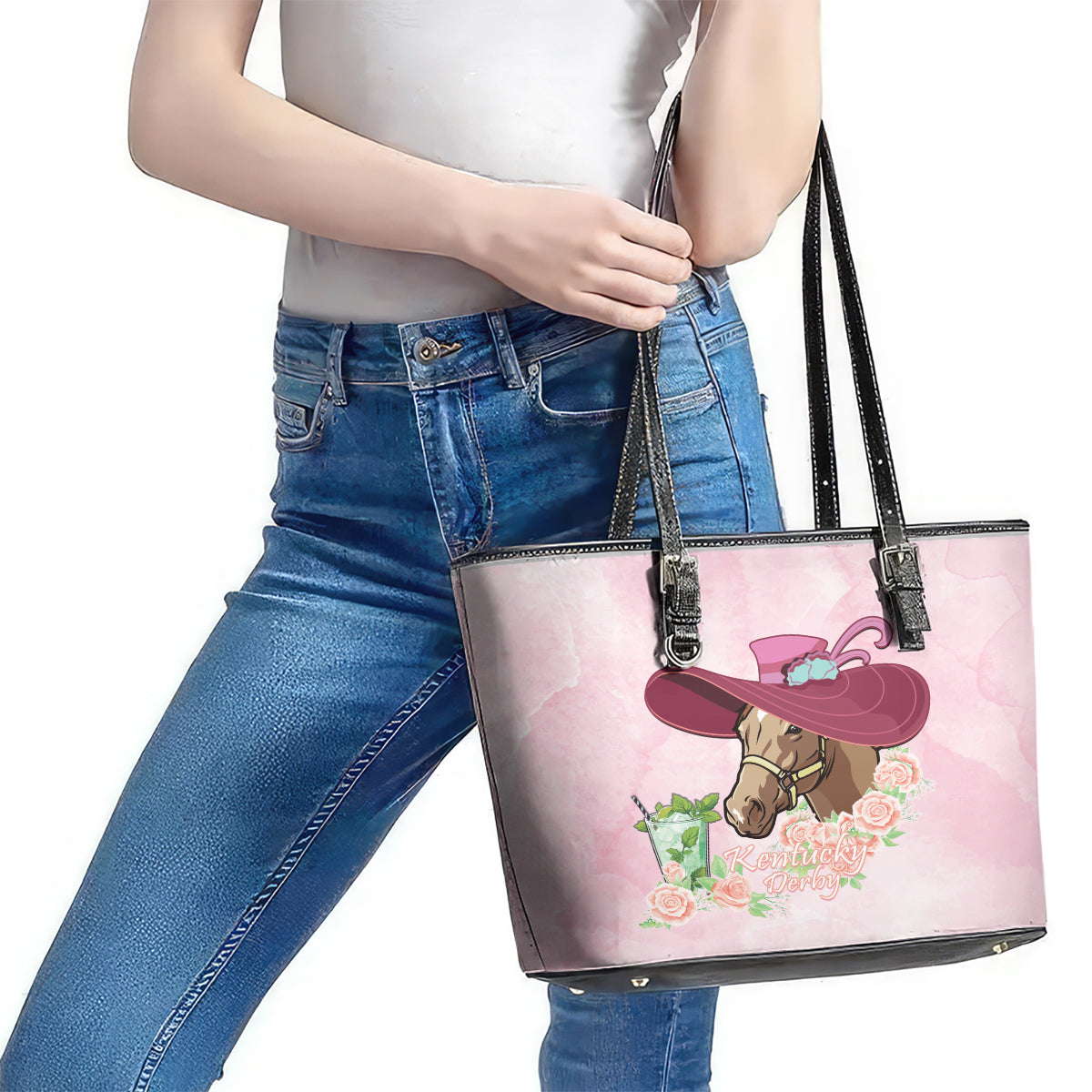 Kentucky Horse Racing Leather Tote Bag Derby Mint Julep With Roses LT14