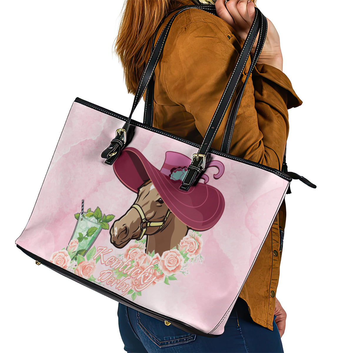 Kentucky Horse Racing Leather Tote Bag Derby Mint Julep With Roses LT14