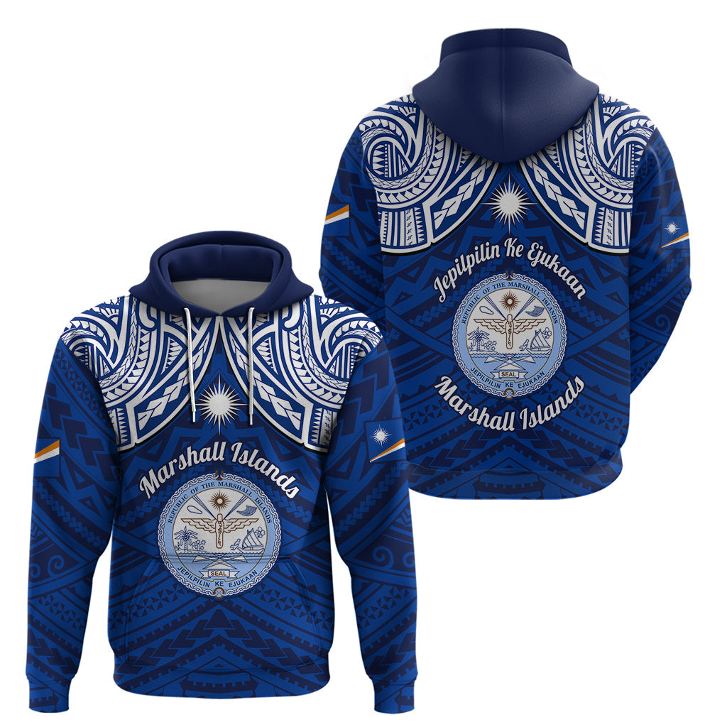 Marshall Islands Hoodie Blue Polynesian Tribal Mix Coat Of Arms LT14