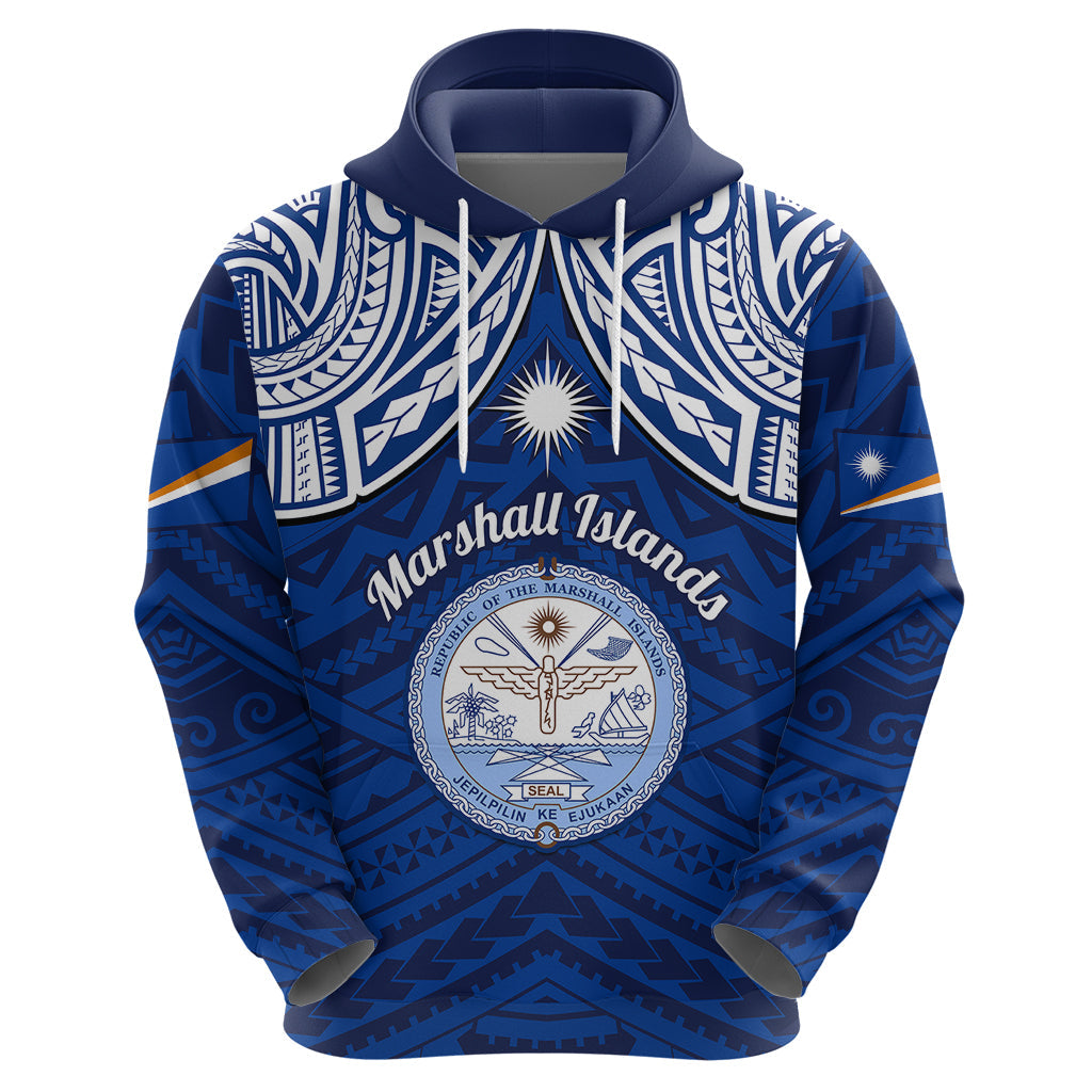 Marshall Islands Hoodie Blue Polynesian Tribal Mix Coat Of Arms LT14