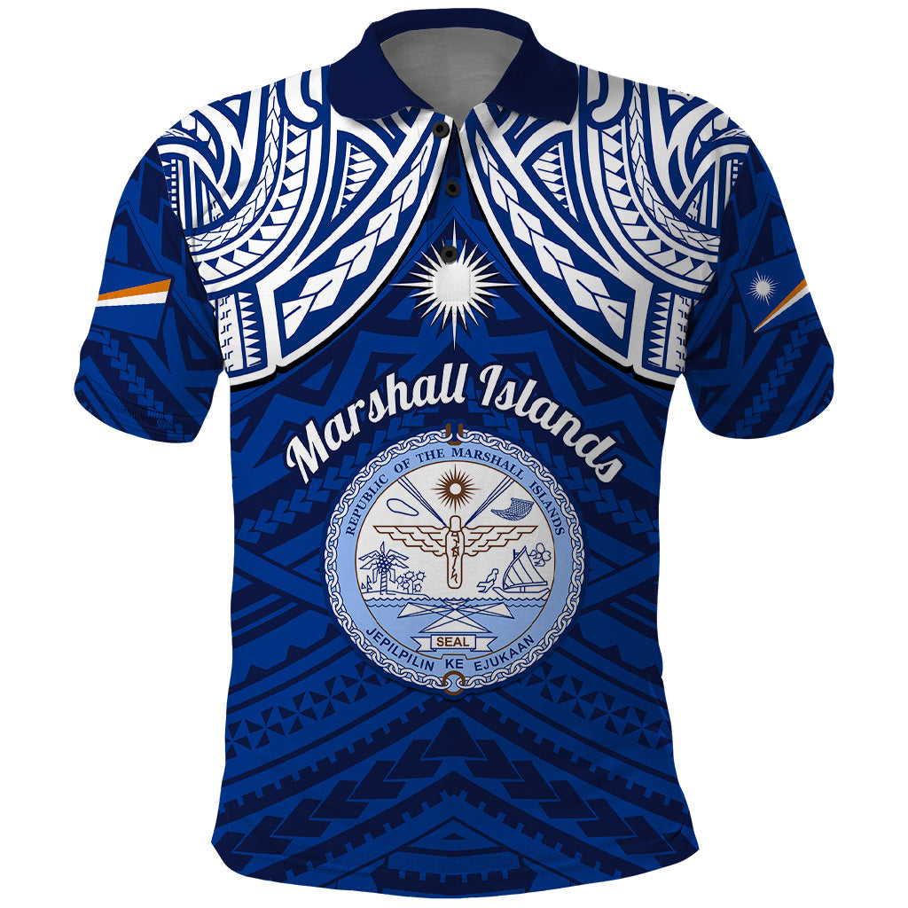 Marshall Islands Polo Shirt Blue Polynesian Tribal Mix Coat Of Arms LT14