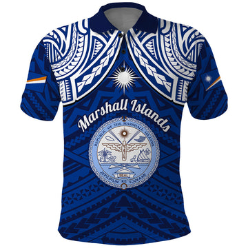 Marshall Islands Polo Shirt Blue Polynesian Tribal Mix Coat Of Arms LT14