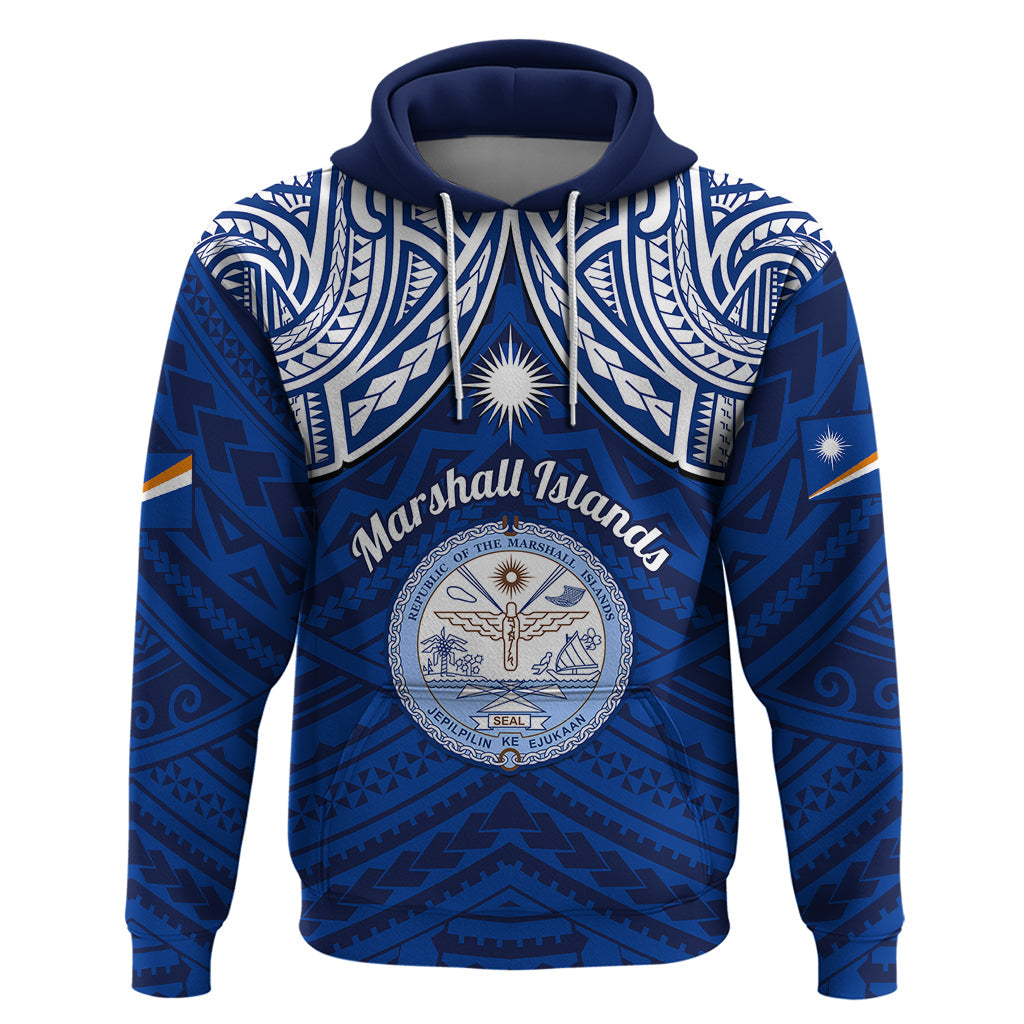Personalised Marshall Islands Hoodie Blue Polynesian Tribal Mix Coat Of Arms LT14
