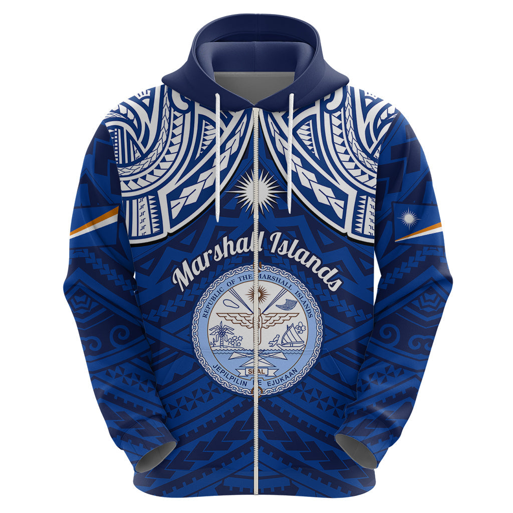 Personalised Marshall Islands Hoodie Blue Polynesian Tribal Mix Coat Of Arms LT14