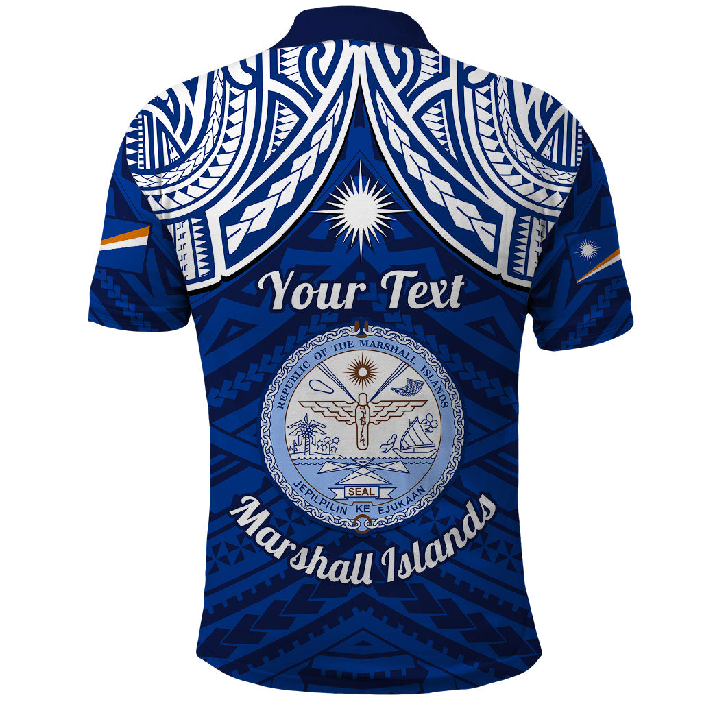 Personalised Marshall Islands Polo Shirt Blue Polynesian Tribal Mix Coat Of Arms LT14