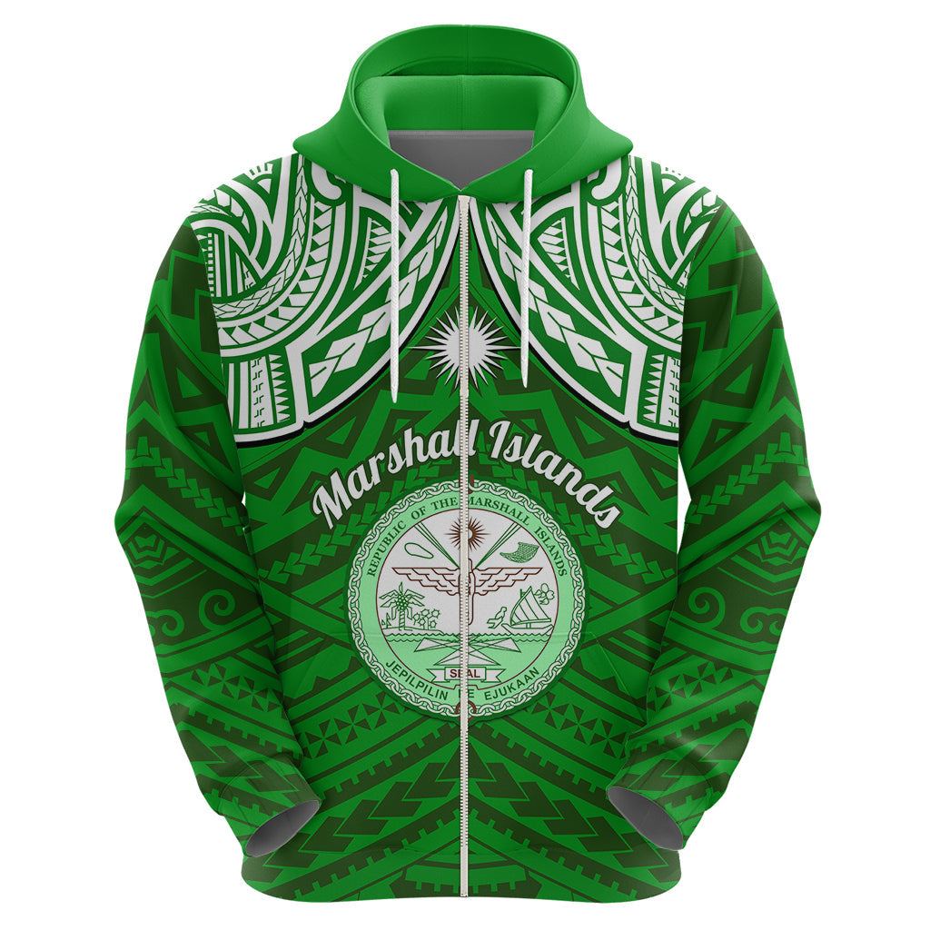 Personalised Marshall Islands Hoodie Green Polynesian Tribal Mix Coat Of Arms LT14