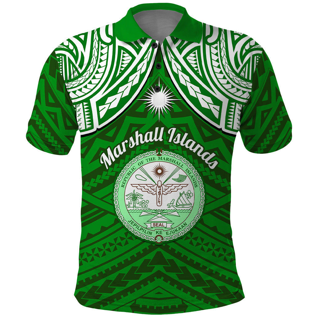 Personalised Marshall Islands Polo Shirt Green Polynesian Tribal Mix Coat Of Arms LT14