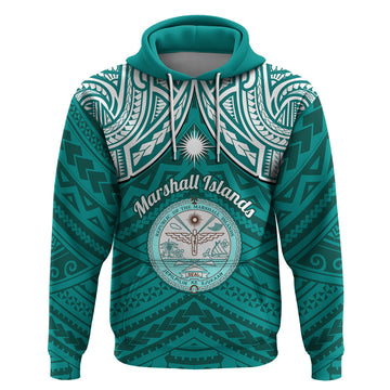 Personalised Marshall Islands Hoodie Turquoise Polynesian Tribal Mix Coat Of Arms LT14