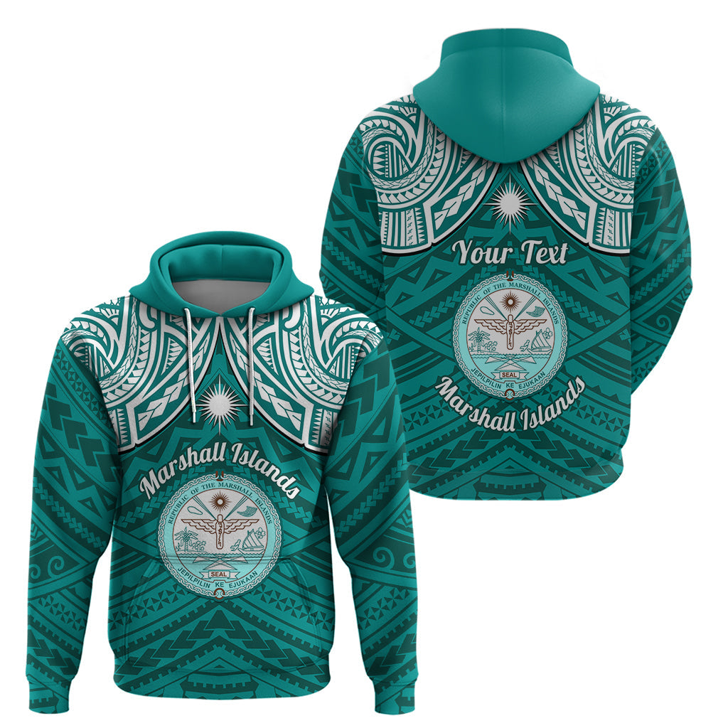 Personalised Marshall Islands Hoodie Turquoise Polynesian Tribal Mix Coat Of Arms LT14