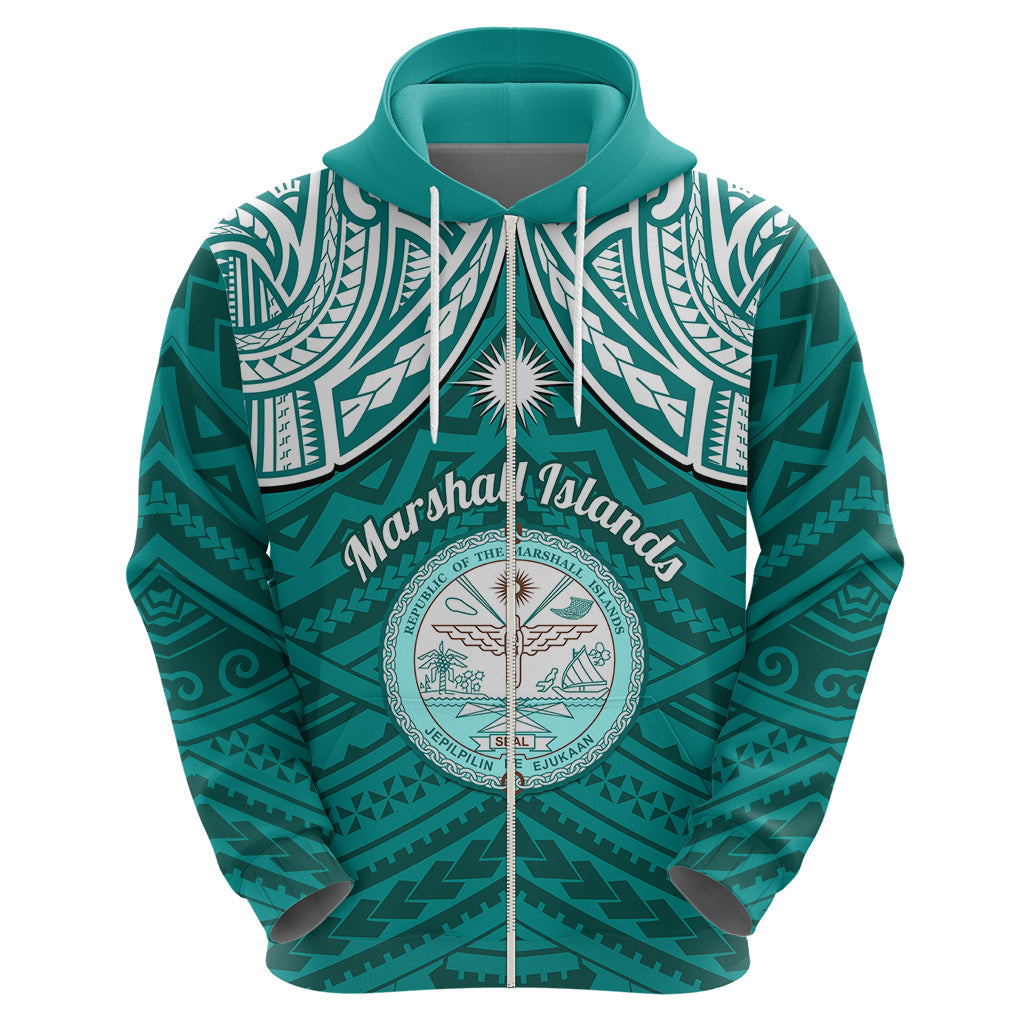 Personalised Marshall Islands Hoodie Turquoise Polynesian Tribal Mix Coat Of Arms LT14