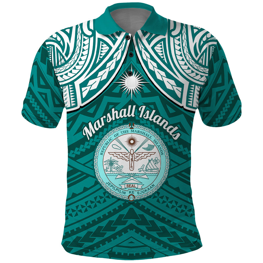 Personalised Marshall Islands Polo Shirt Turquoise Polynesian Tribal Mix Coat Of Arms LT14
