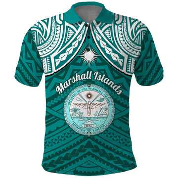 Personalised Marshall Islands Polo Shirt Turquoise Polynesian Tribal Mix Coat Of Arms LT14