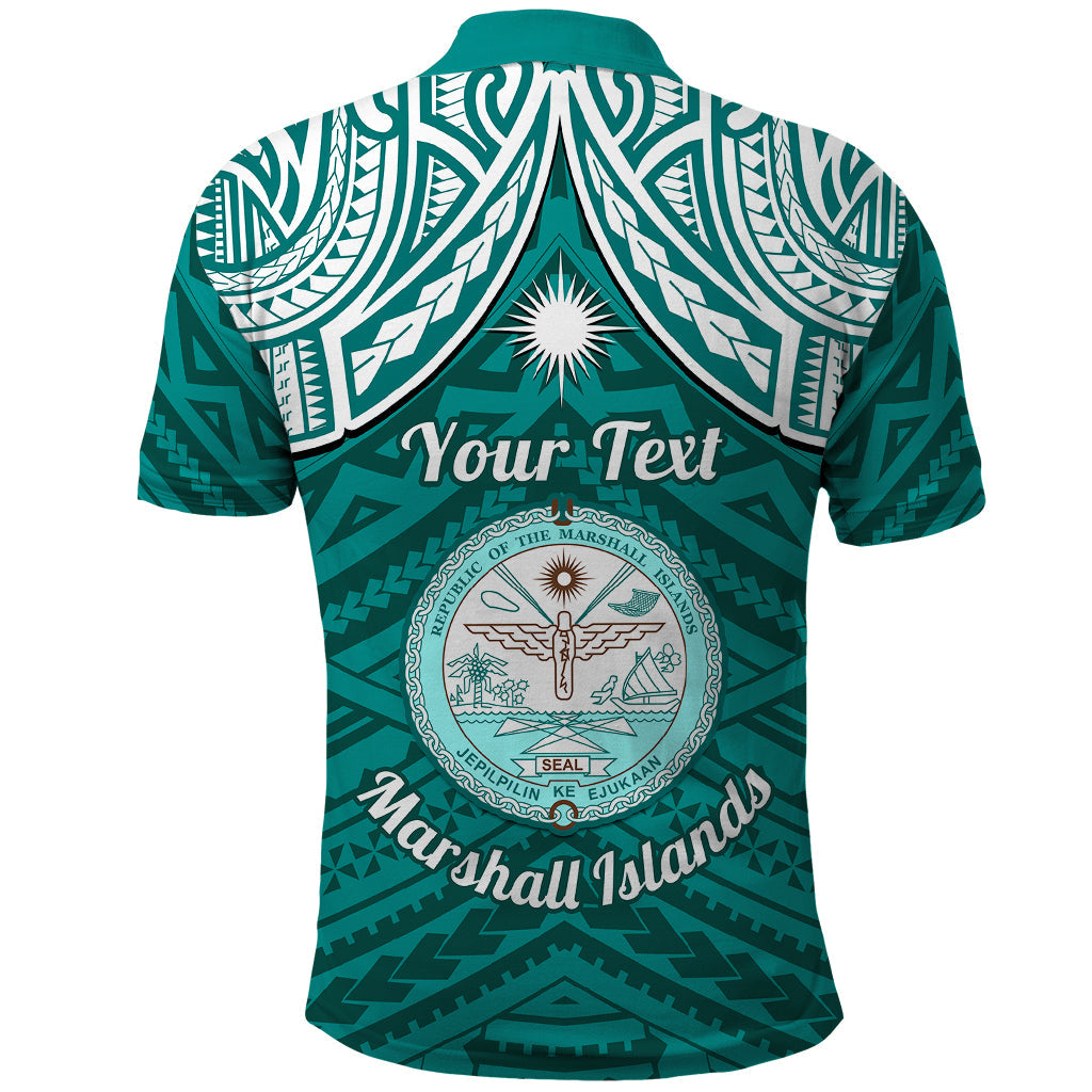Personalised Marshall Islands Polo Shirt Turquoise Polynesian Tribal Mix Coat Of Arms LT14